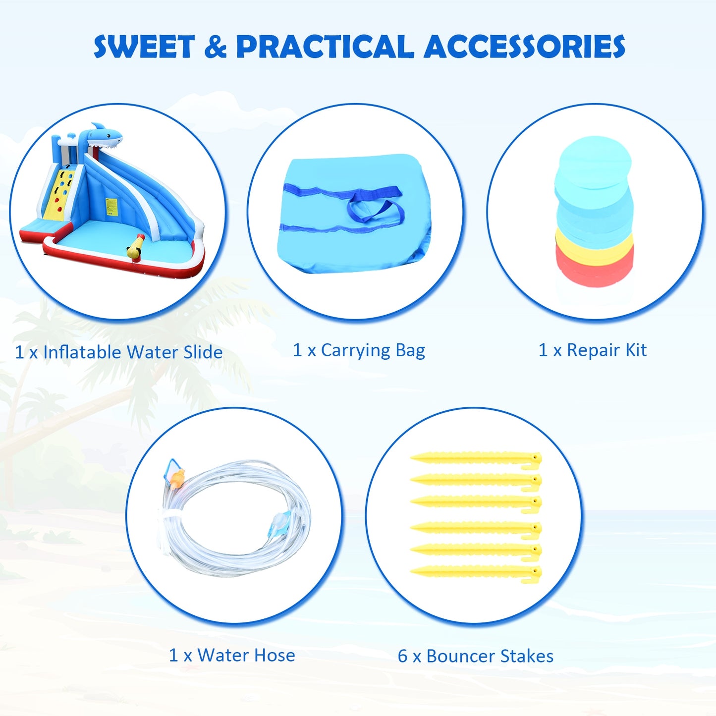 Inflatable Shark Bounce House with Water Slide and Climbing Wall without Blower Kids Crystal