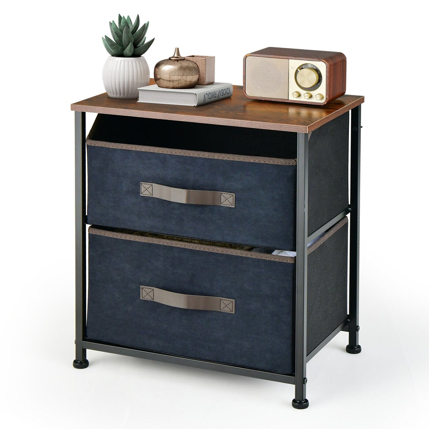 20 Inch Height Industrial Nightstand with 2 Pull-out Fabric Drawers-Rustic Brown Kids Crystal