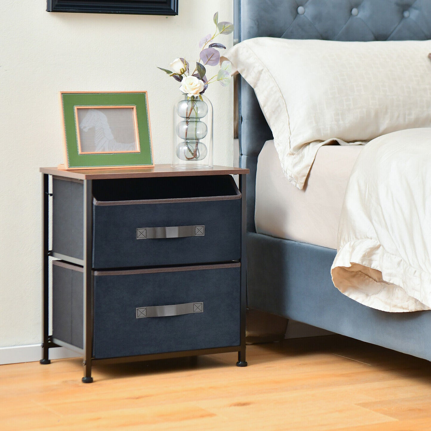 20 Inch Height Industrial Nightstand with 2 Pull-out Fabric Drawers-Rustic Brown Kids Crystal