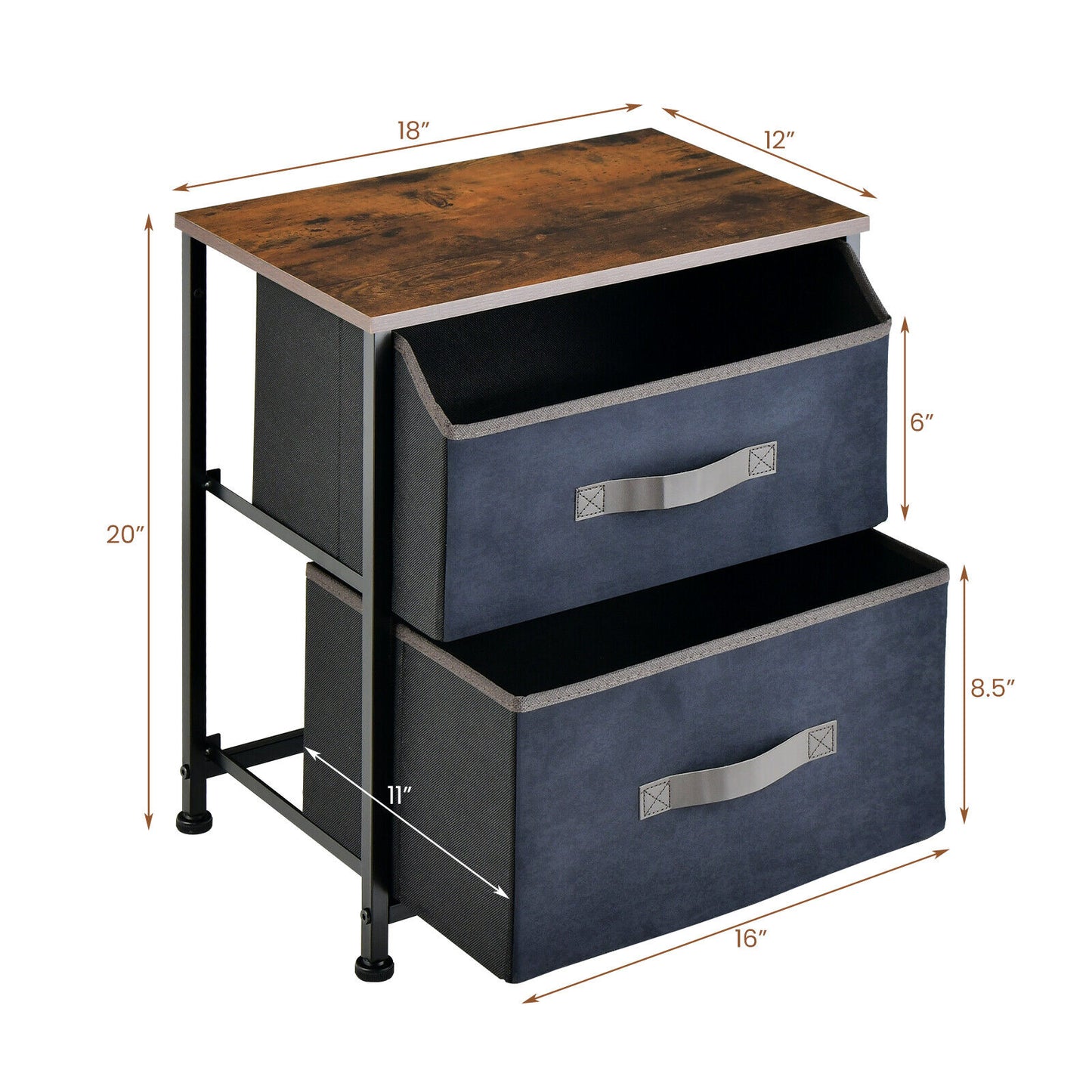 20 Inch Height Industrial Nightstand with 2 Pull-out Fabric Drawers-Rustic Brown Kids Crystal
