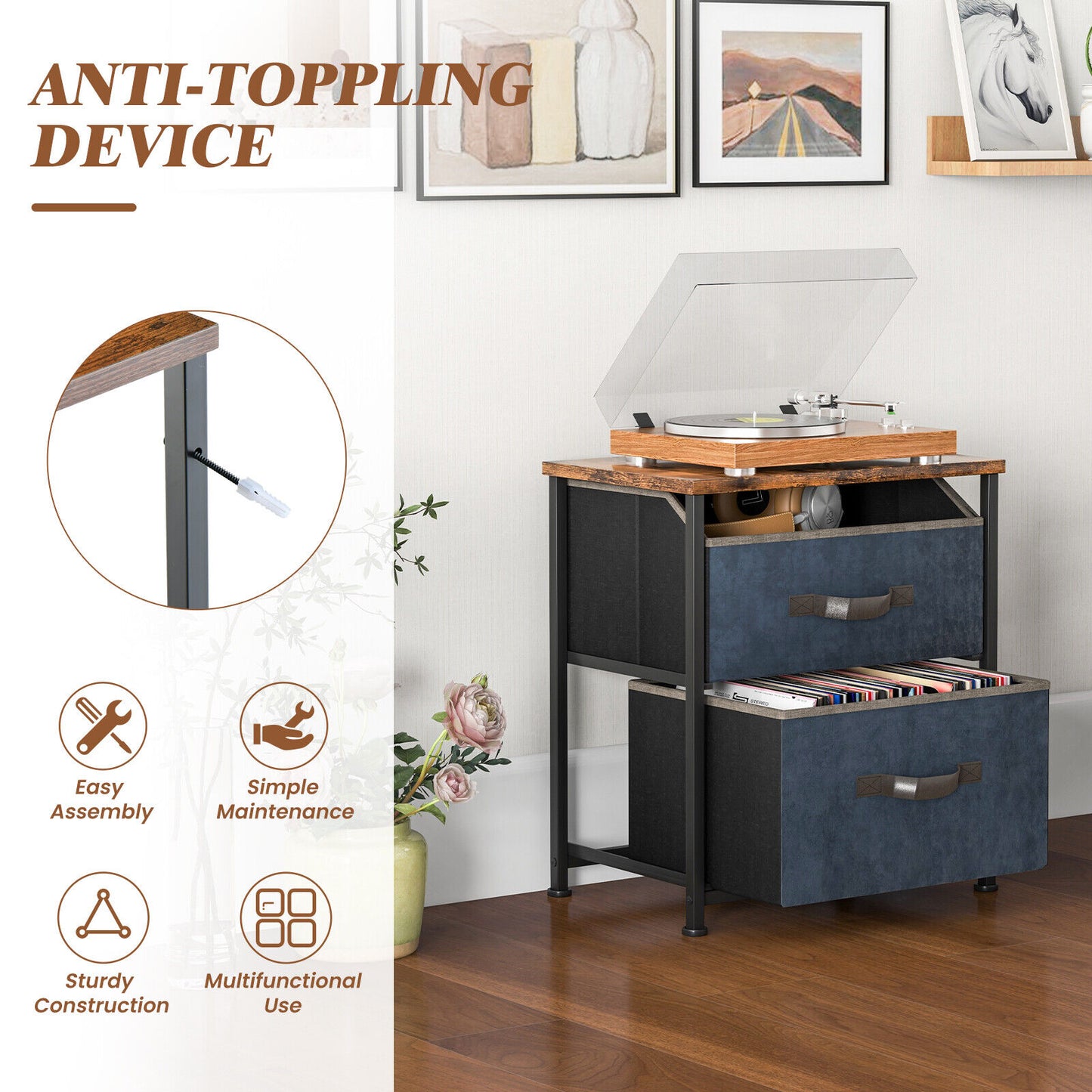 20 Inch Height Industrial Nightstand with 2 Pull-out Fabric Drawers-Rustic Brown Kids Crystal