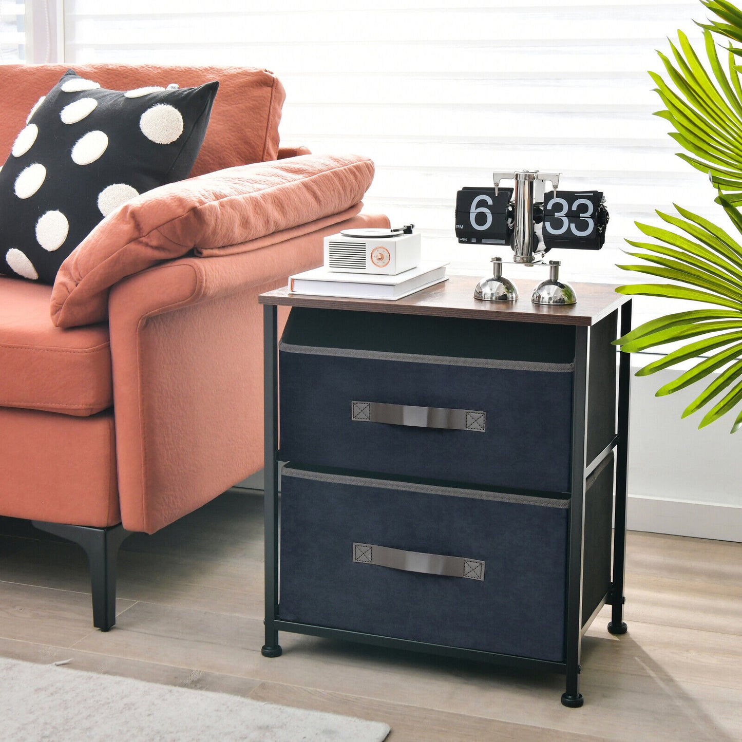 20 Inch Height Industrial Nightstand with 2 Pull-out Fabric Drawers-Rustic Brown Kids Crystal