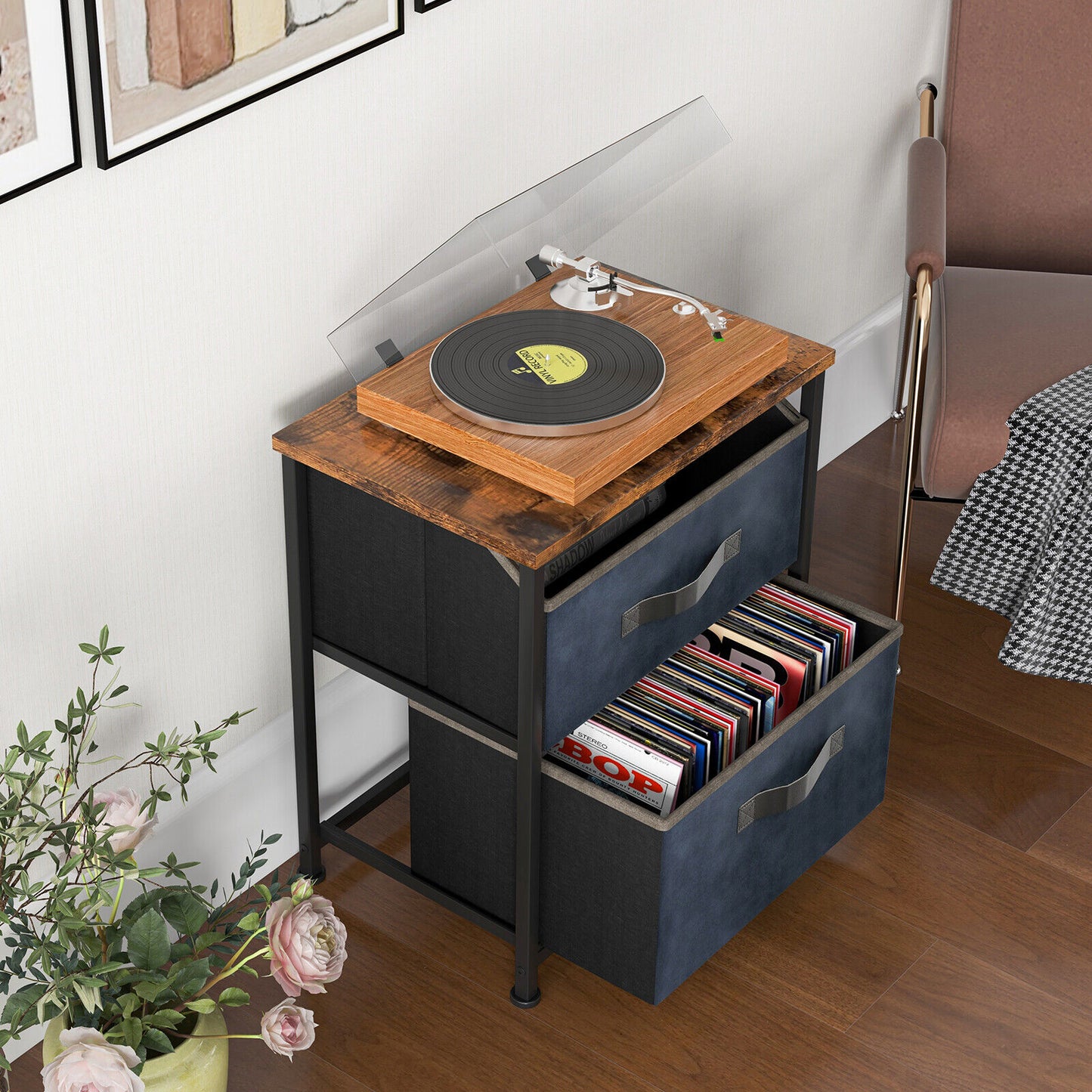 20 Inch Height Industrial Nightstand with 2 Pull-out Fabric Drawers-Rustic Brown Kids Crystal