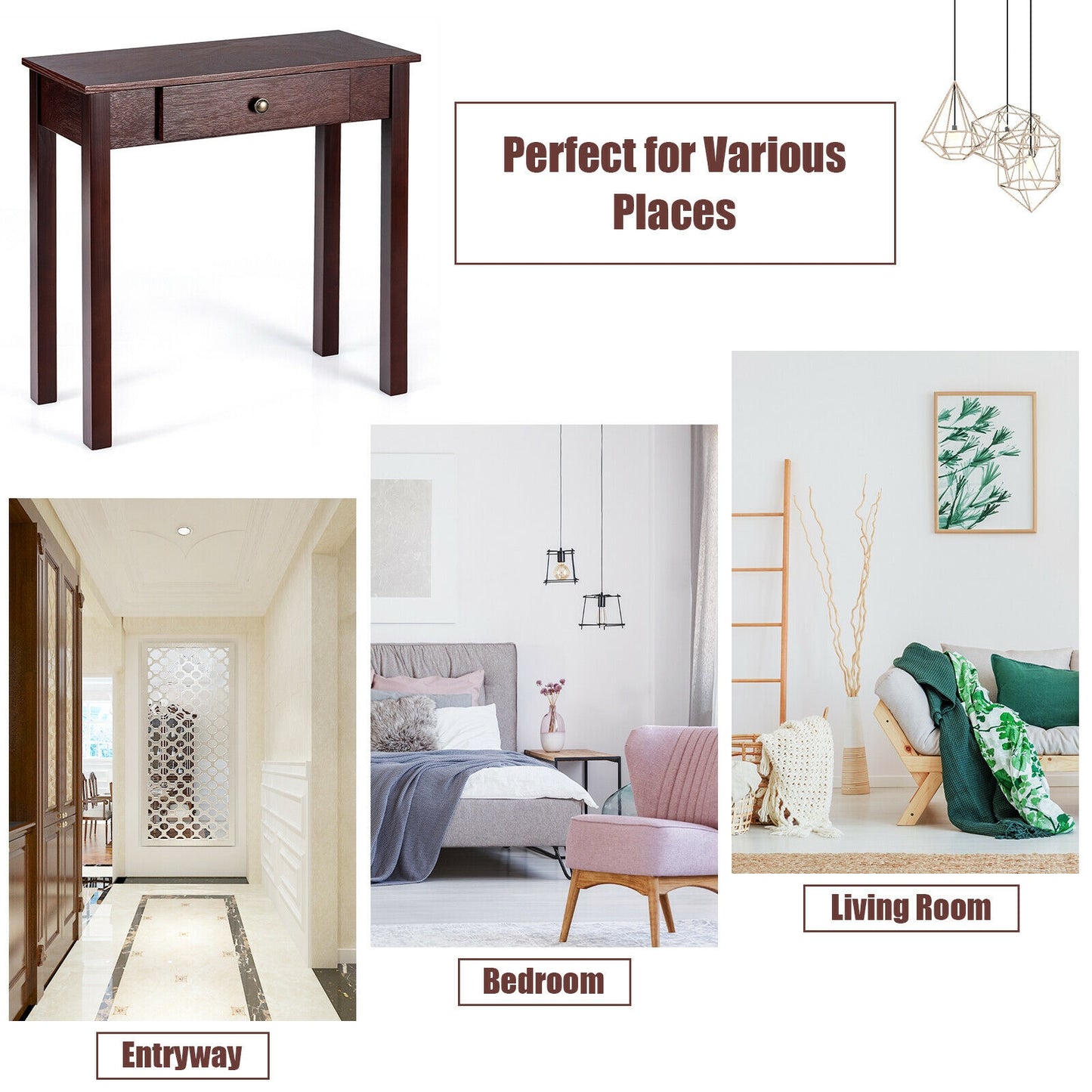 Small Space Console Table with Drawer for Living Room Bathroom Hallway-Dark Brown Kids Crystal