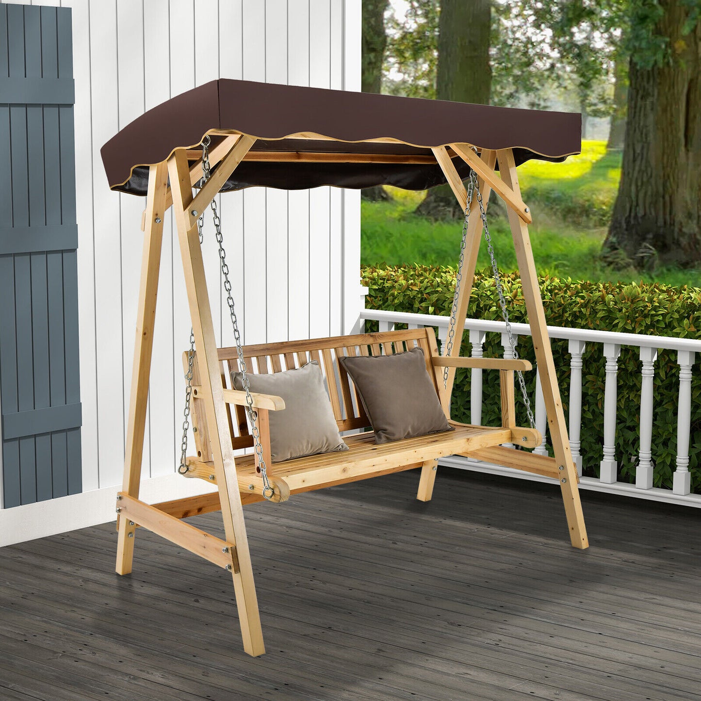 Patio Wooden Swing Bench Chair with Adjustable Canopy for 2 Persons Kids Crystal