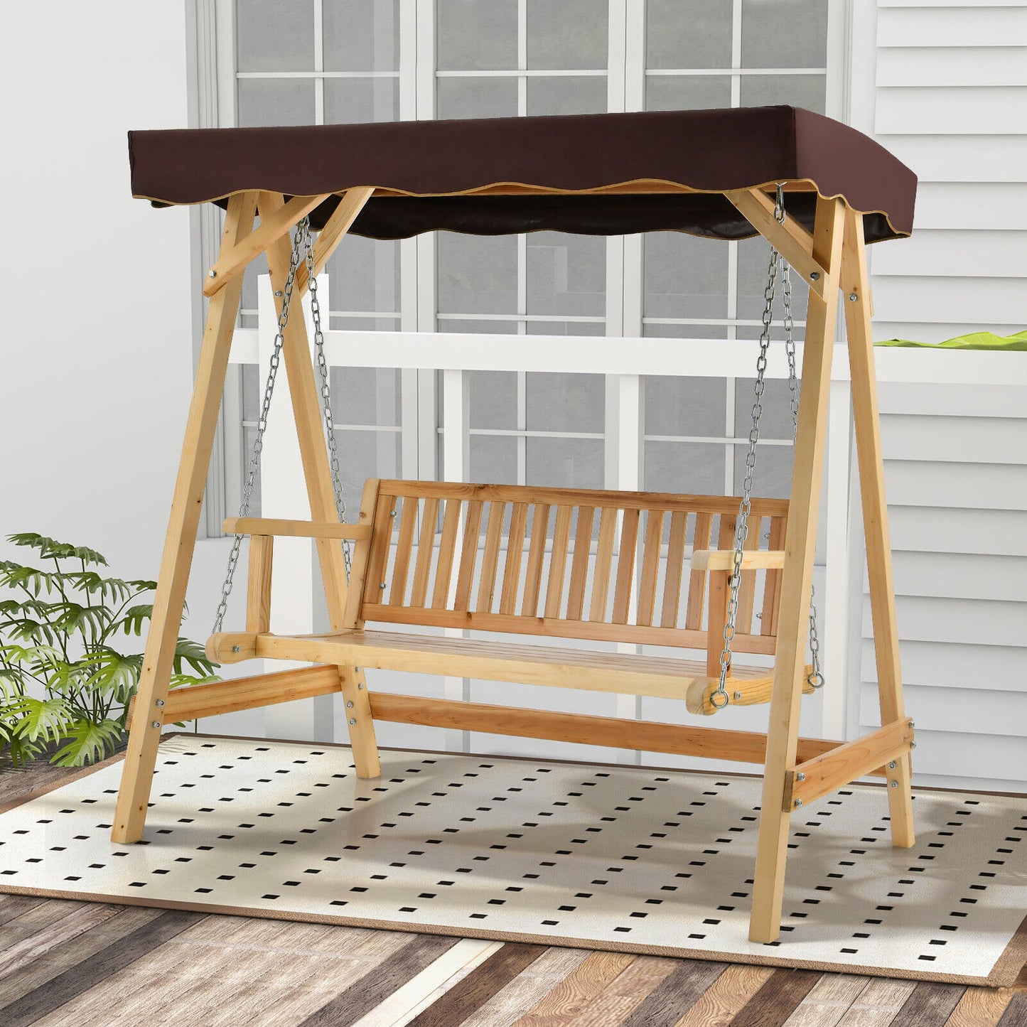 Patio Wooden Swing Bench Chair with Adjustable Canopy for 2 Persons Kids Crystal