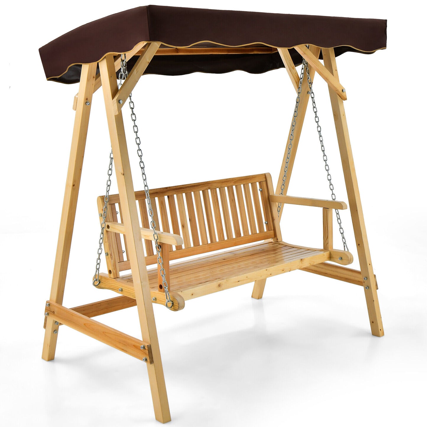 Patio Wooden Swing Bench Chair with Adjustable Canopy for 2 Persons Kids Crystal