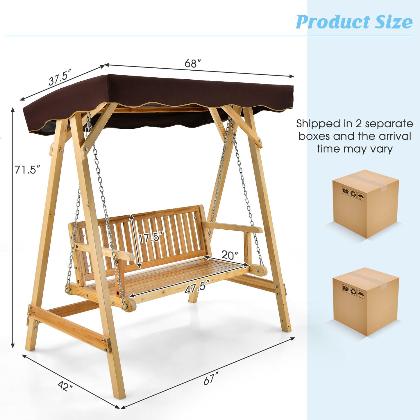 Patio Wooden Swing Bench Chair with Adjustable Canopy for 2 Persons Kids Crystal