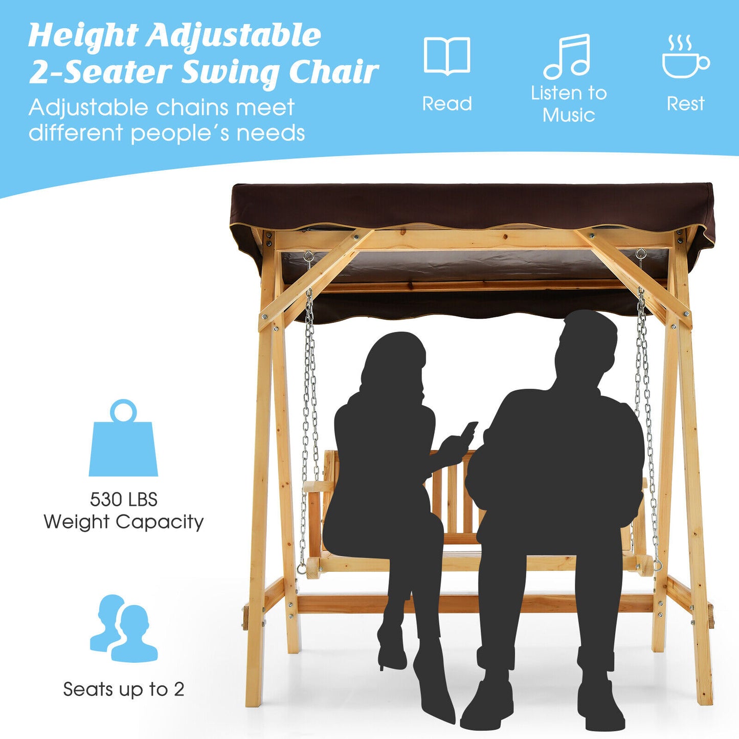 Patio Wooden Swing Bench Chair with Adjustable Canopy for 2 Persons Kids Crystal