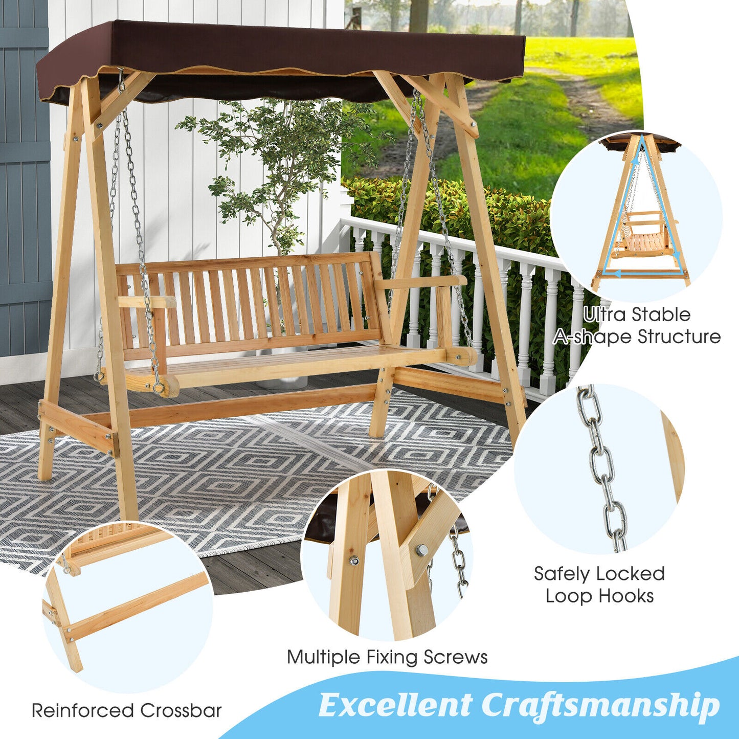 Patio Wooden Swing Bench Chair with Adjustable Canopy for 2 Persons Kids Crystal
