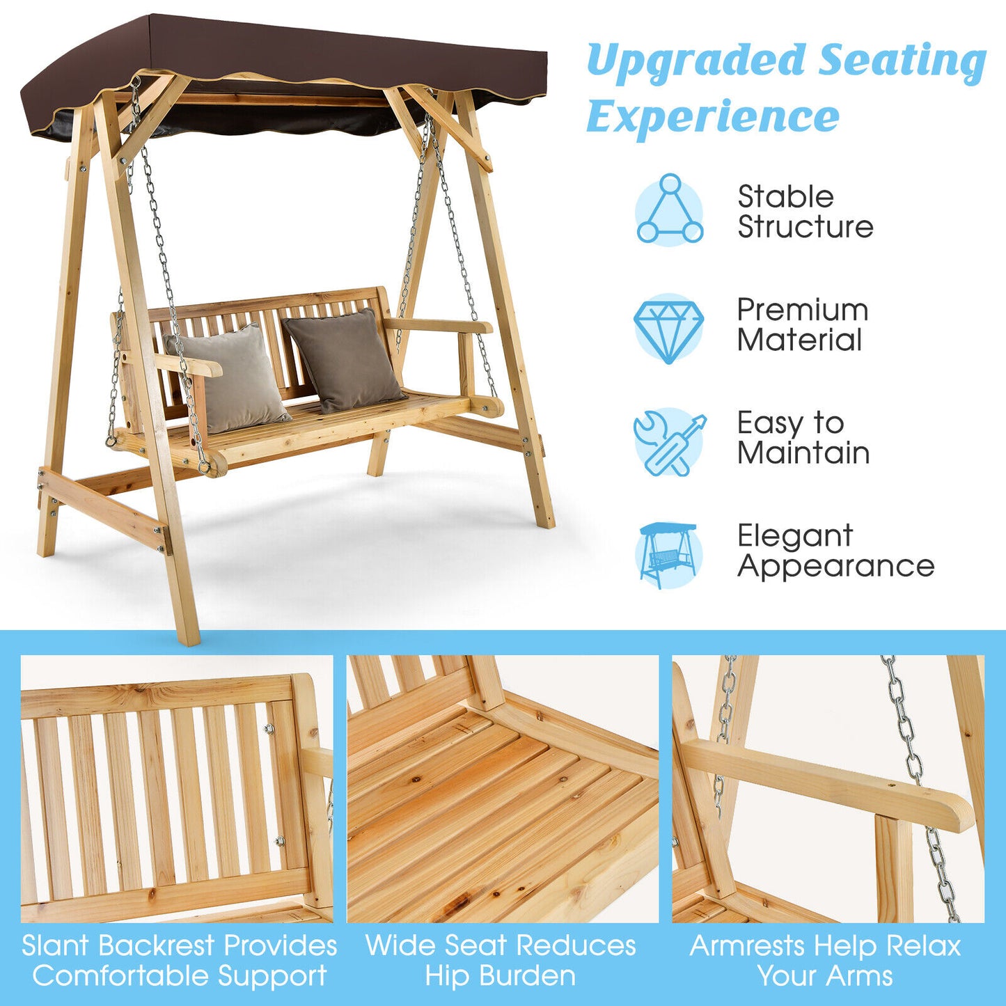 Patio Wooden Swing Bench Chair with Adjustable Canopy for 2 Persons Kids Crystal
