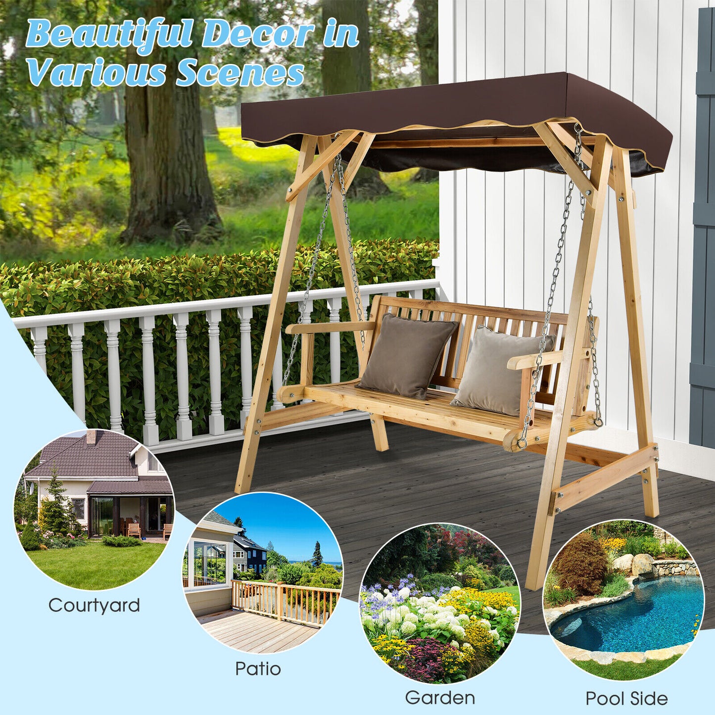 Patio Wooden Swing Bench Chair with Adjustable Canopy for 2 Persons Kids Crystal