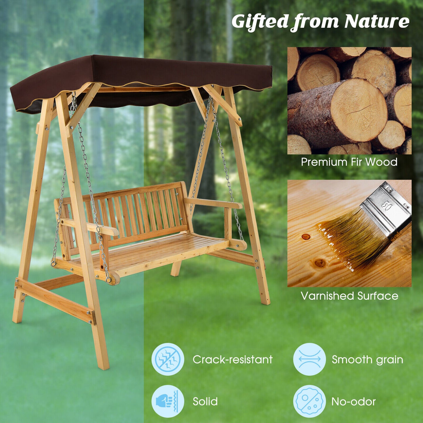 Patio Wooden Swing Bench Chair with Adjustable Canopy for 2 Persons Kids Crystal