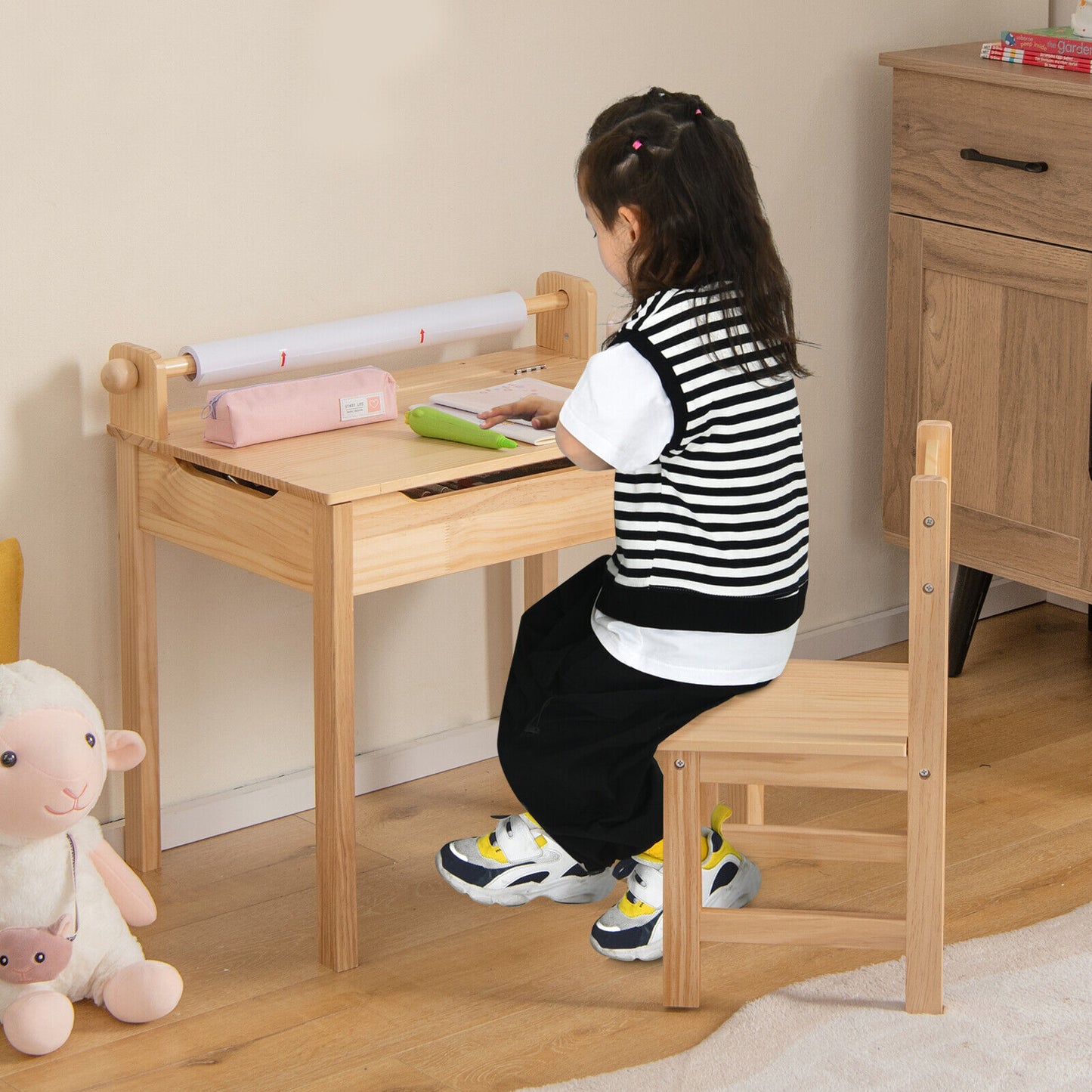 Toddler Multifunctional Activity Table and Chair Set with Paper Roll Holder-Natural Kids Crystal