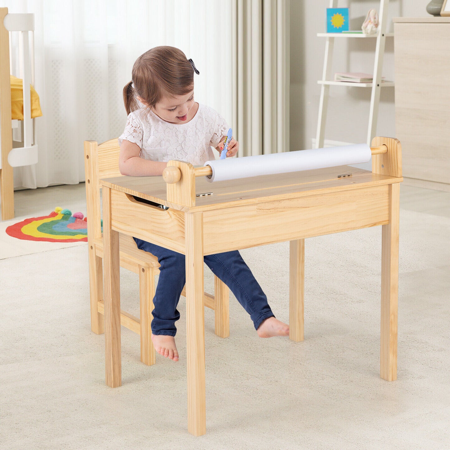 Toddler Multifunctional Activity Table and Chair Set with Paper Roll Holder-Natural Kids Crystal