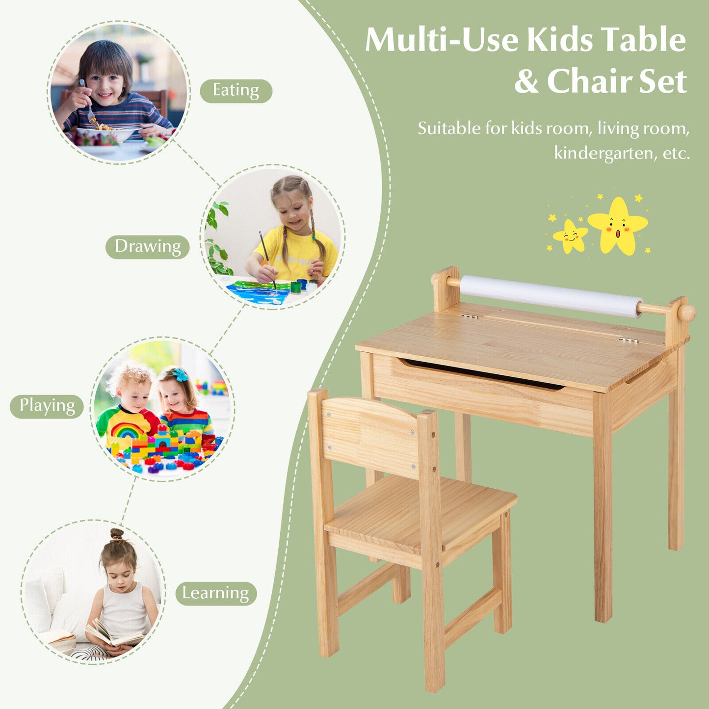 Toddler Multifunctional Activity Table and Chair Set with Paper Roll Holder-Natural Kids Crystal