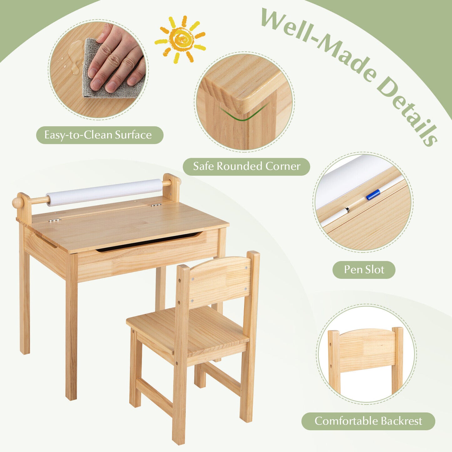 Toddler Multifunctional Activity Table and Chair Set with Paper Roll Holder-Natural Kids Crystal