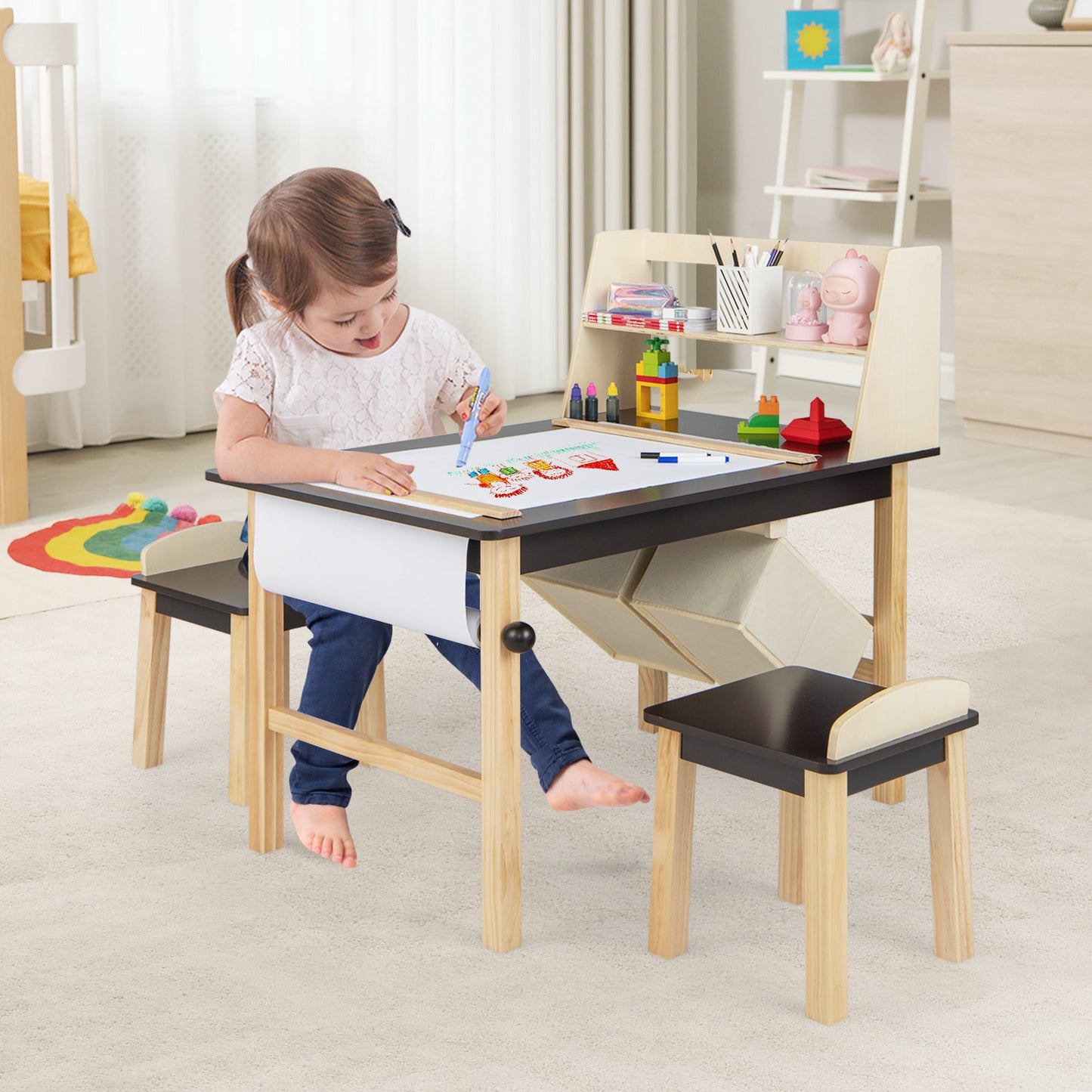 Kids Art Table and Chairs Set with Paper Roll and Storage Bins-Coffee Kids Crystal