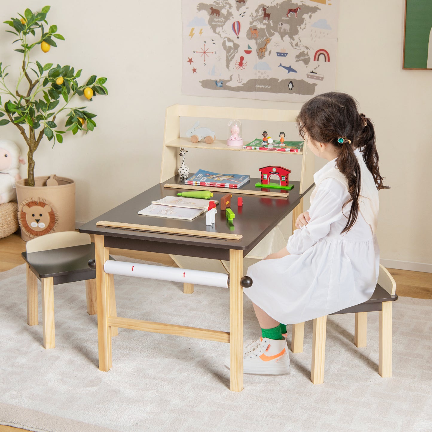 Kids Art Table and Chairs Set with Paper Roll and Storage Bins-Coffee Kids Crystal