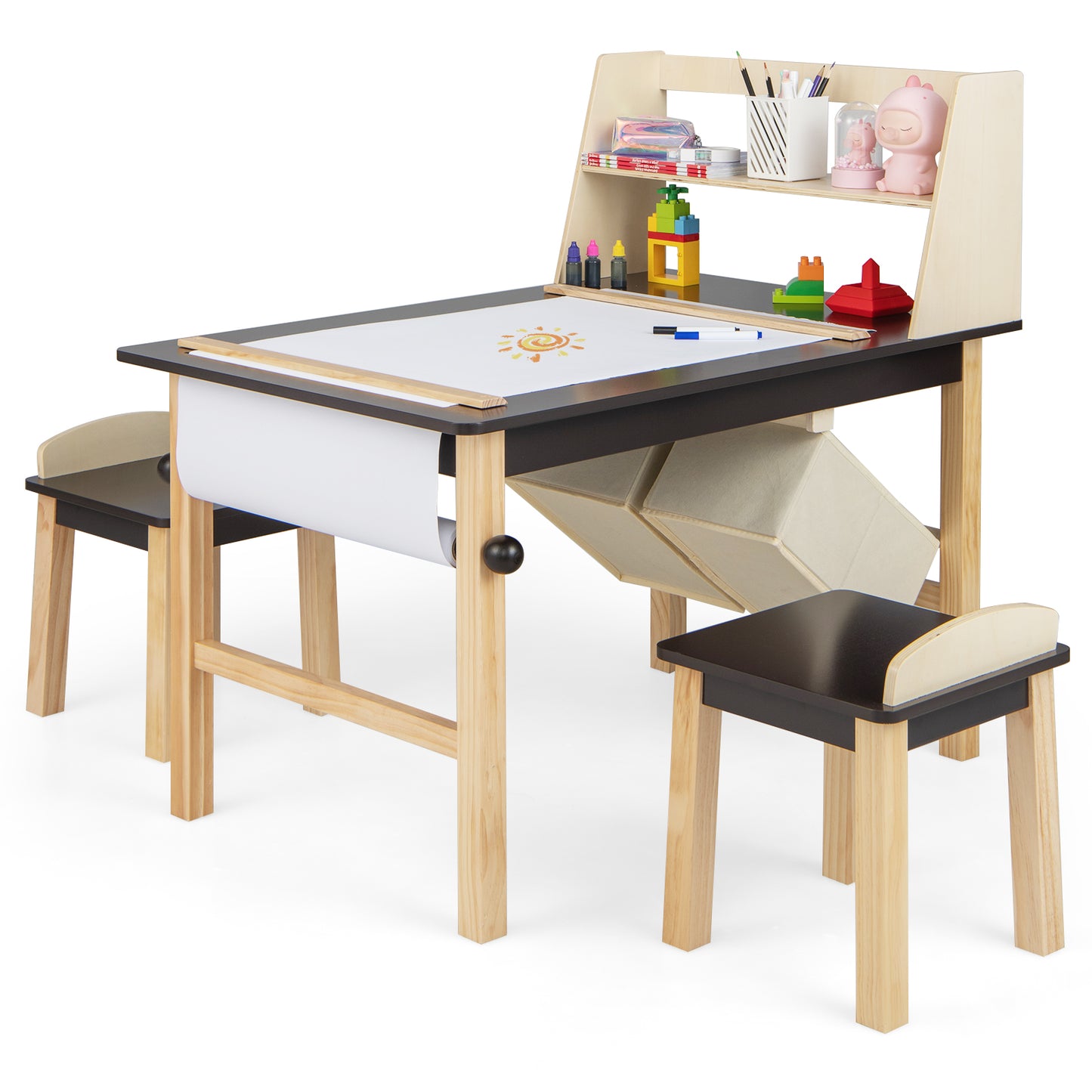 Kids Art Table and Chairs Set with Paper Roll and Storage Bins-Coffee Kids Crystal