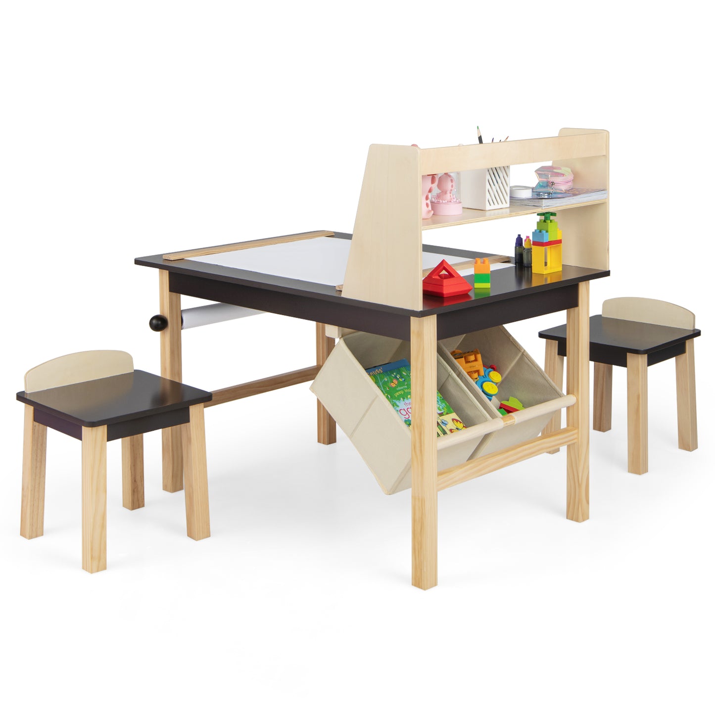 Kids Art Table and Chairs Set with Paper Roll and Storage Bins-Coffee Kids Crystal