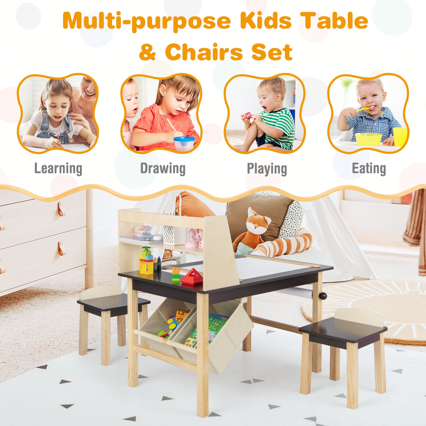 Kids Art Table and Chairs Set with Paper Roll and Storage Bins-Coffee Kids Crystal