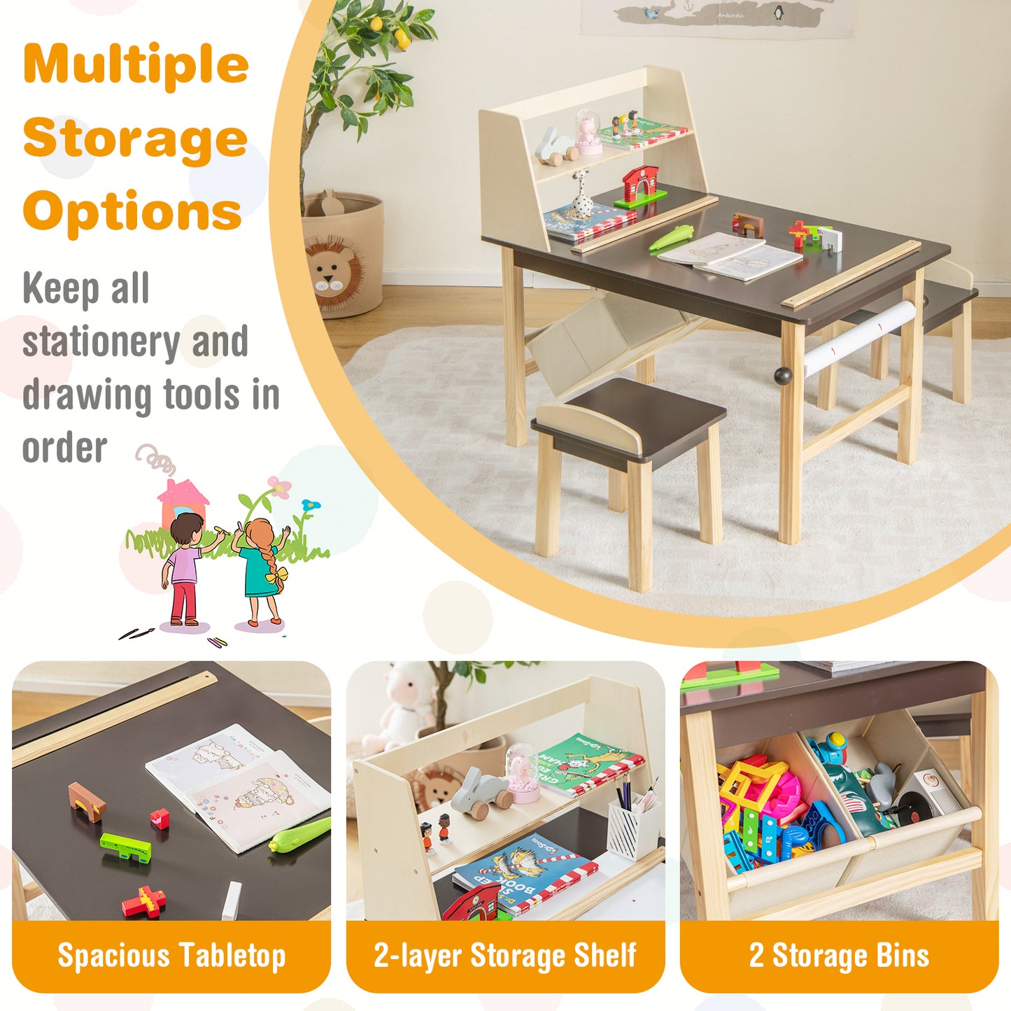 Kids Art Table and Chairs Set with Paper Roll and Storage Bins-Coffee Kids Crystal