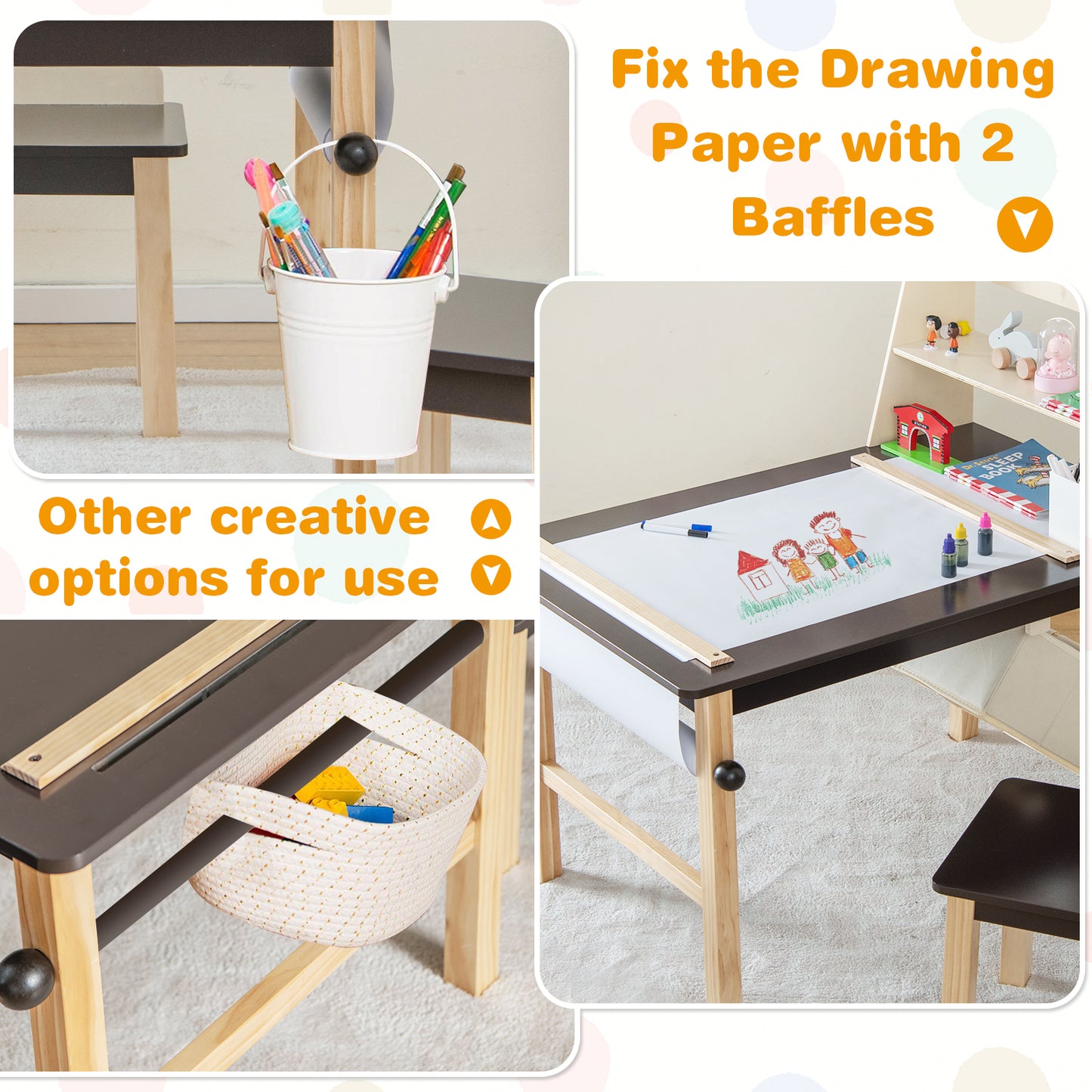 Kids Art Table and Chairs Set with Paper Roll and Storage Bins-Coffee Kids Crystal