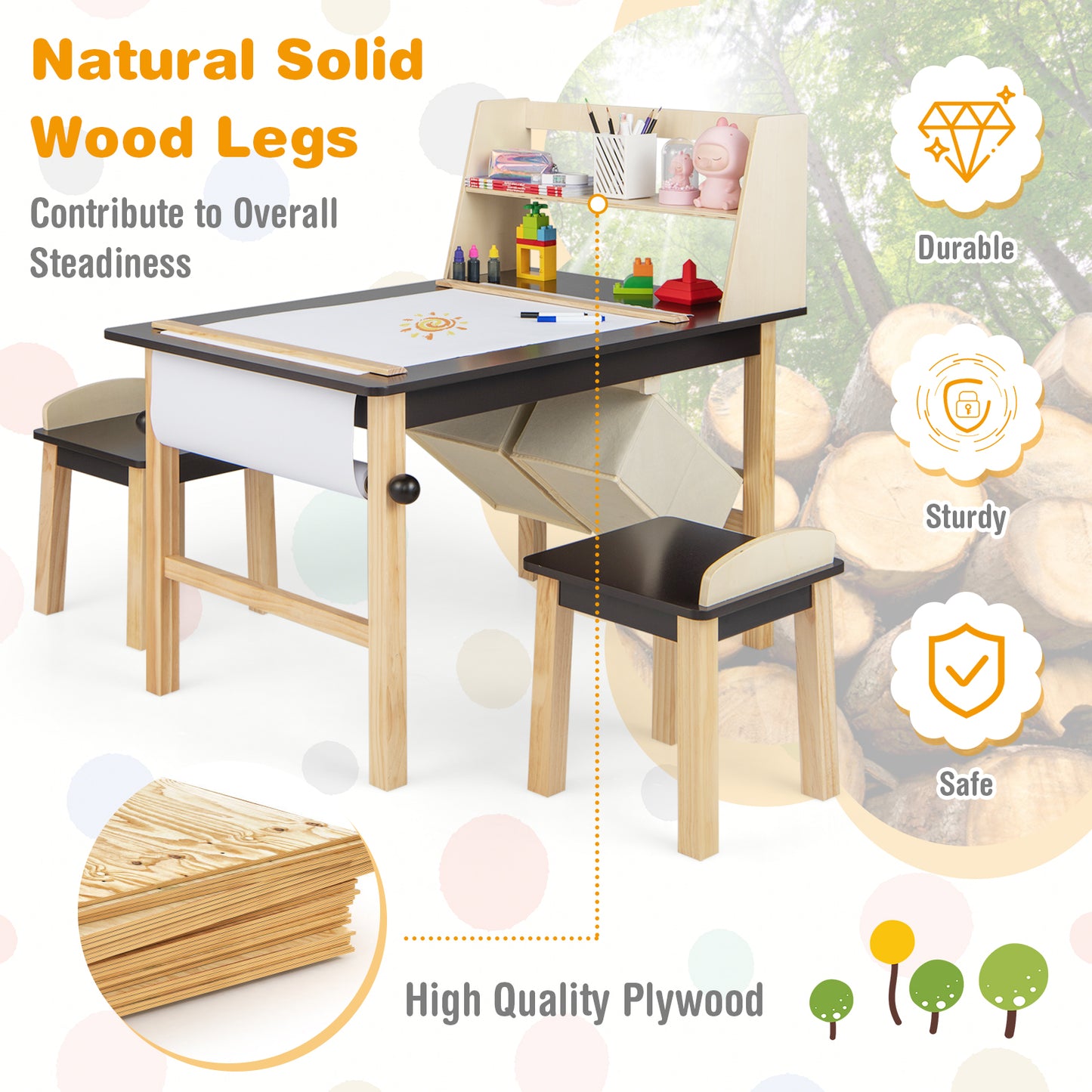 Kids Art Table and Chairs Set with Paper Roll and Storage Bins-Coffee Kids Crystal