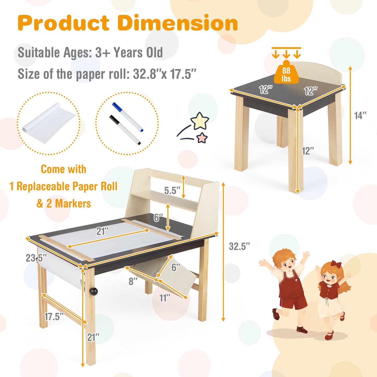Kids Art Table and Chairs Set with Paper Roll and Storage Bins-Coffee Kids Crystal