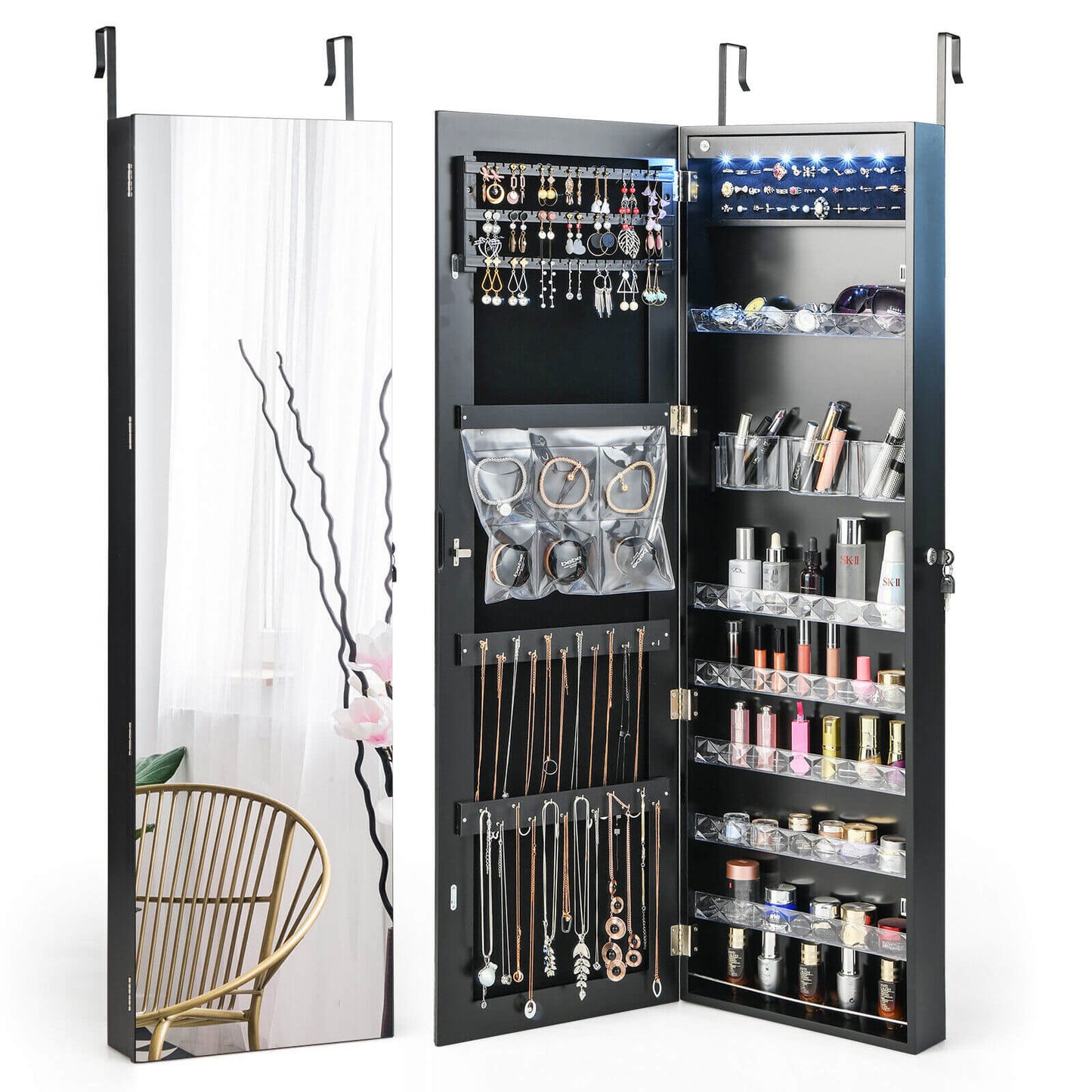 Wall Door Mounted Jewelry Armoire with Frameless LED Mirror-Black Kids Crystal