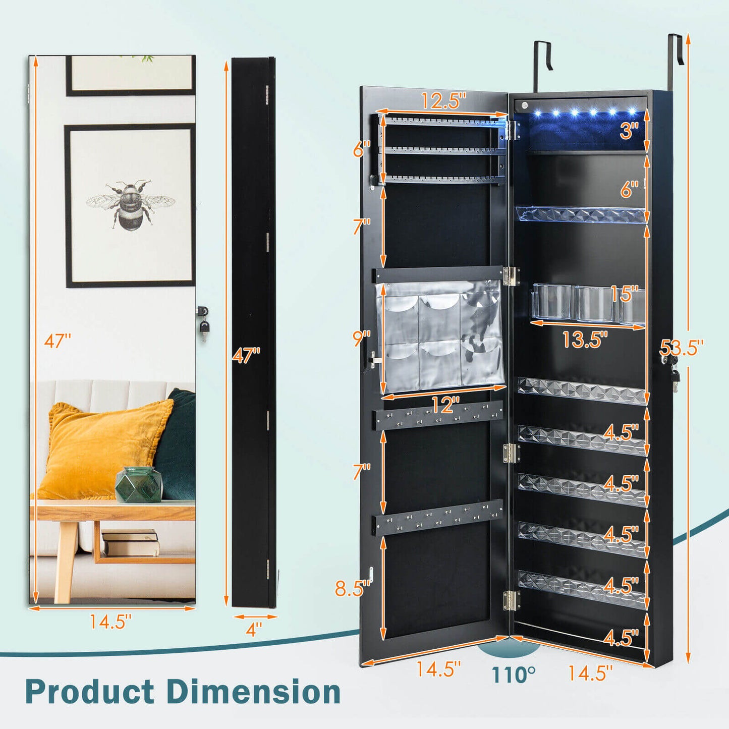 Wall Door Mounted Jewelry Armoire with Frameless LED Mirror-Black Kids Crystal