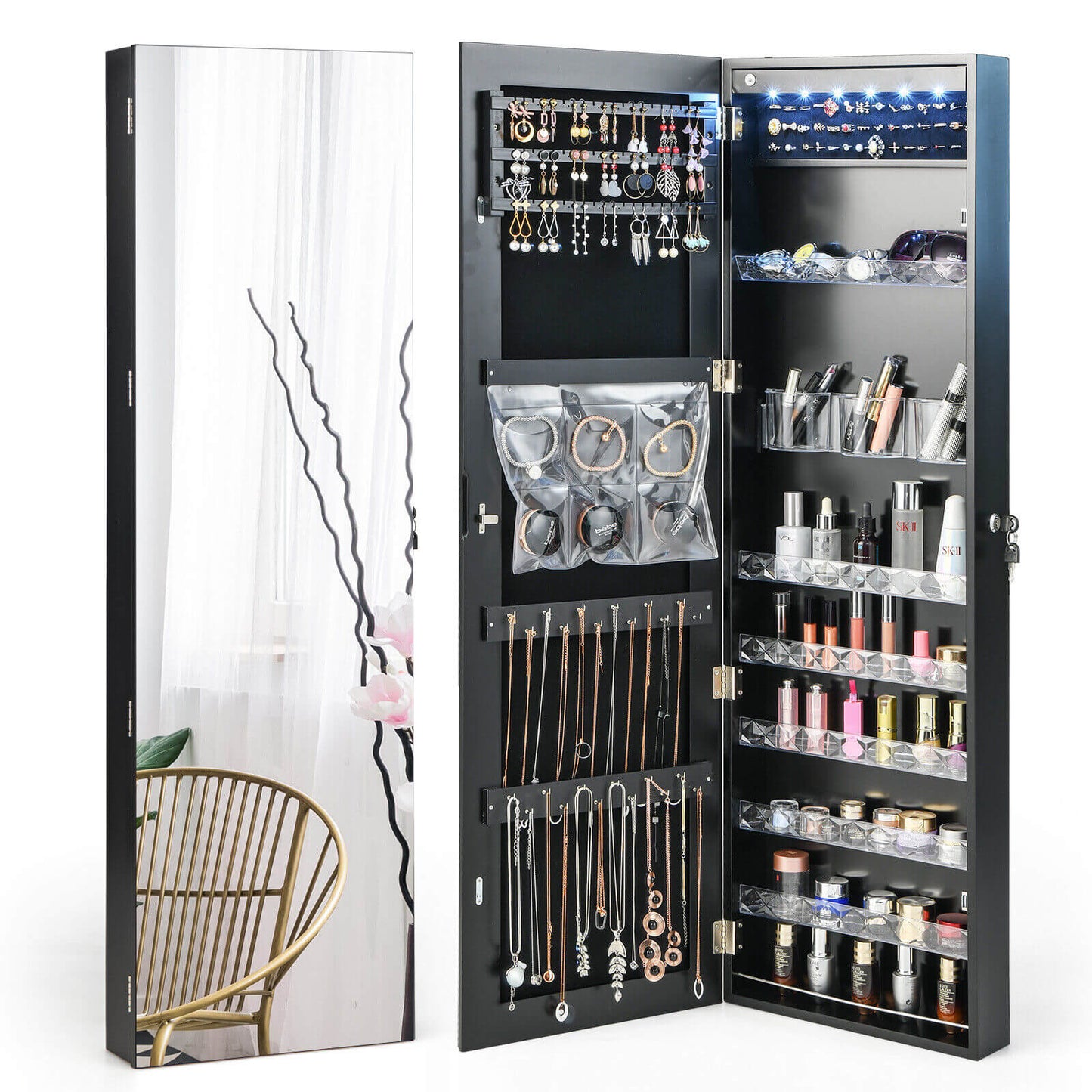 Wall Door Mounted Jewelry Armoire with Frameless LED Mirror-Black Kids Crystal