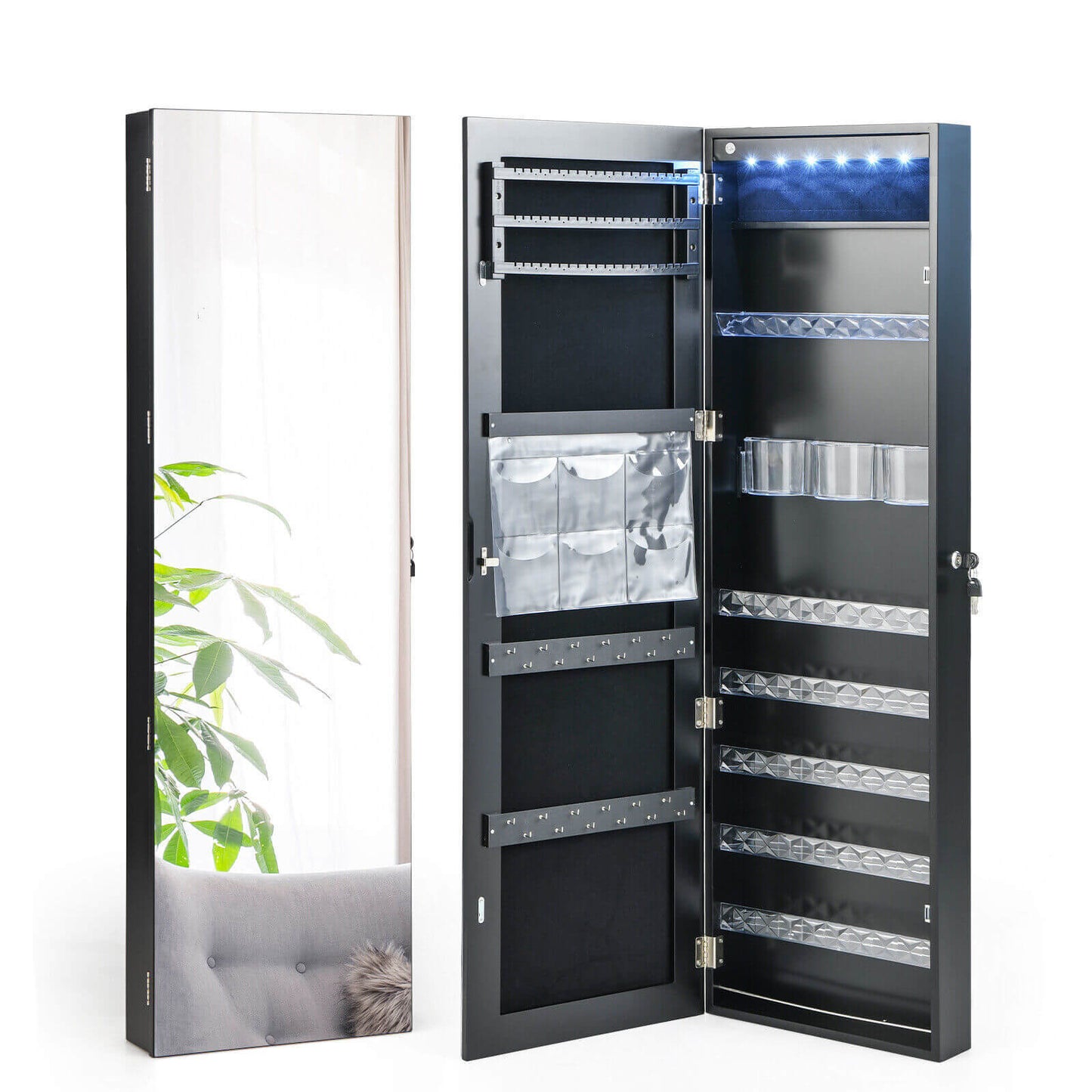 Wall Door Mounted Jewelry Armoire with Frameless LED Mirror-Black Kids Crystal