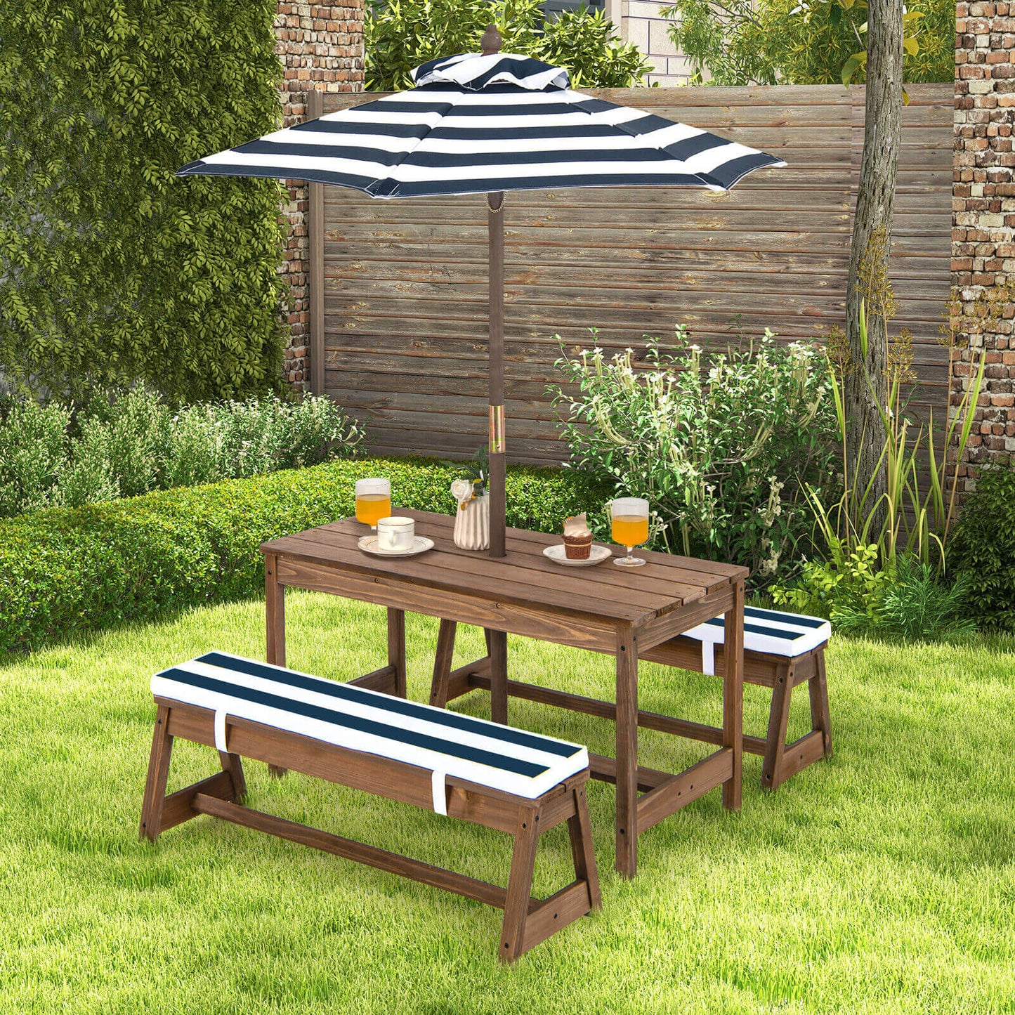 Kids Picnic Table and Bench Set with Cushions and Height Adjustable Umbrella-Blue Kids Crystal