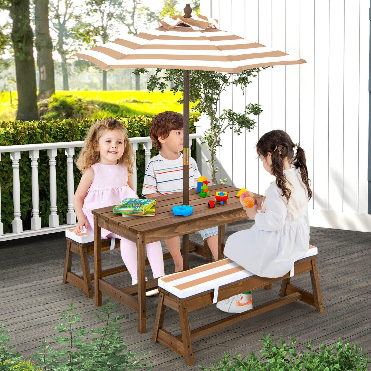 Kids Picnic Table and Bench Set with Cushions and Height Adjustable Umbrella-Brown Kids Crystal