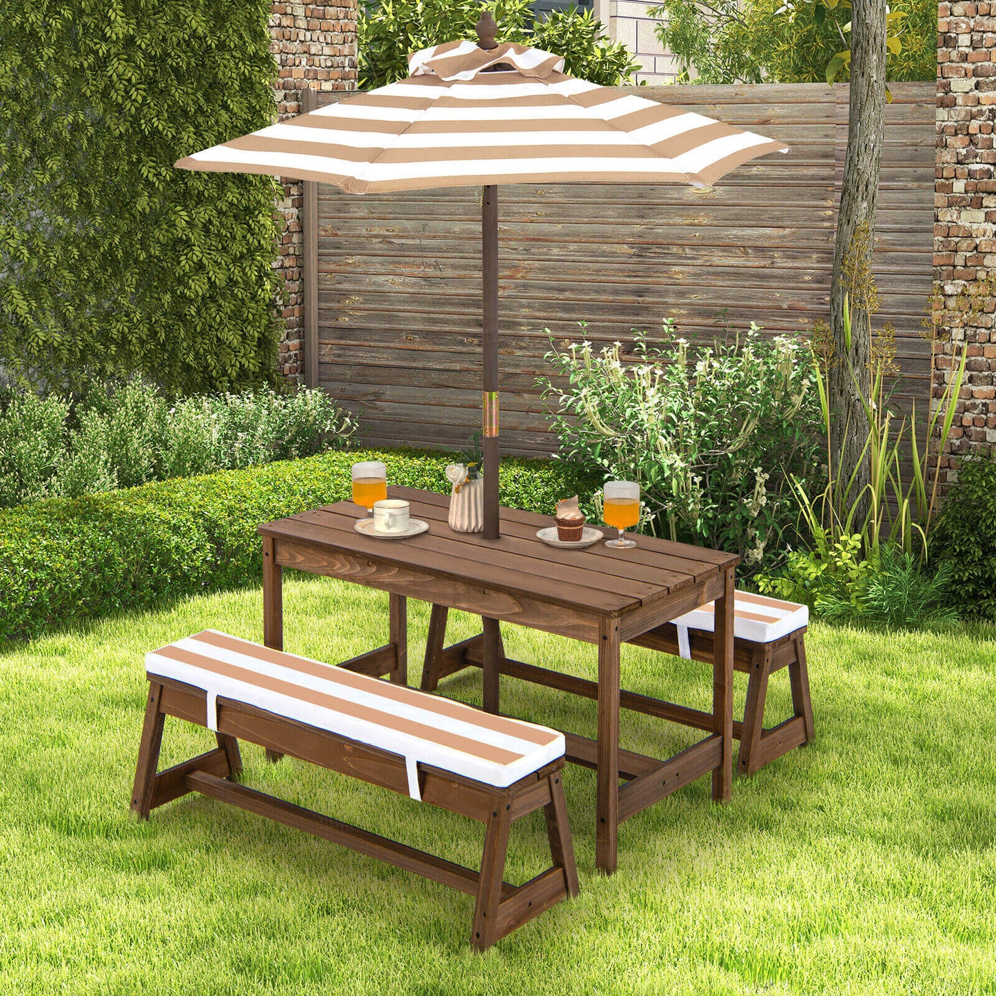 Kids Picnic Table and Bench Set with Cushions and Height Adjustable Umbrella-Brown Kids Crystal