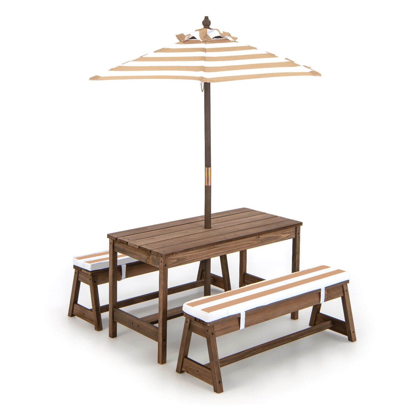 Kids Picnic Table and Bench Set with Cushions and Height Adjustable Umbrella-Brown Kids Crystal