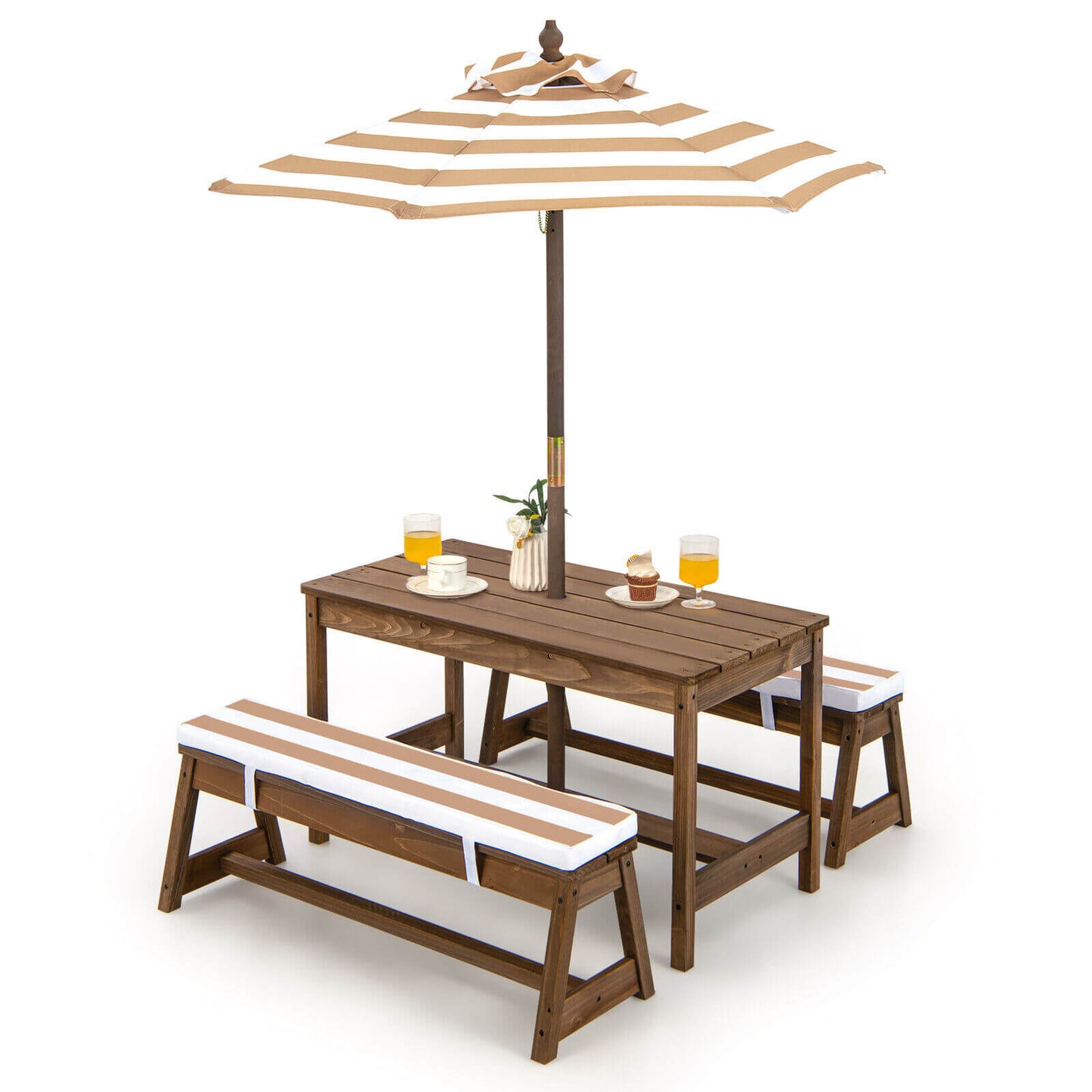 Kids Picnic Table and Bench Set with Cushions and Height Adjustable Umbrella-Brown Kids Crystal