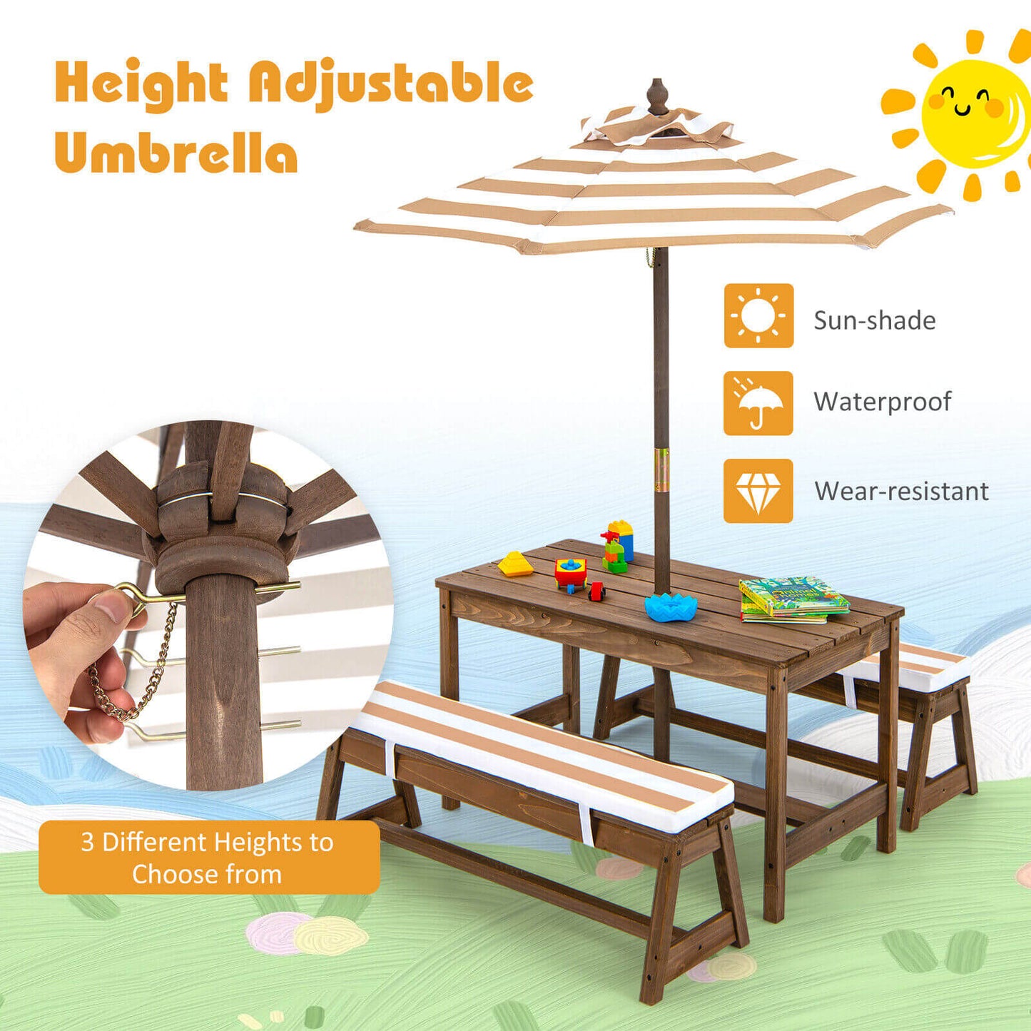 Kids Picnic Table and Bench Set with Cushions and Height Adjustable Umbrella-Brown Kids Crystal