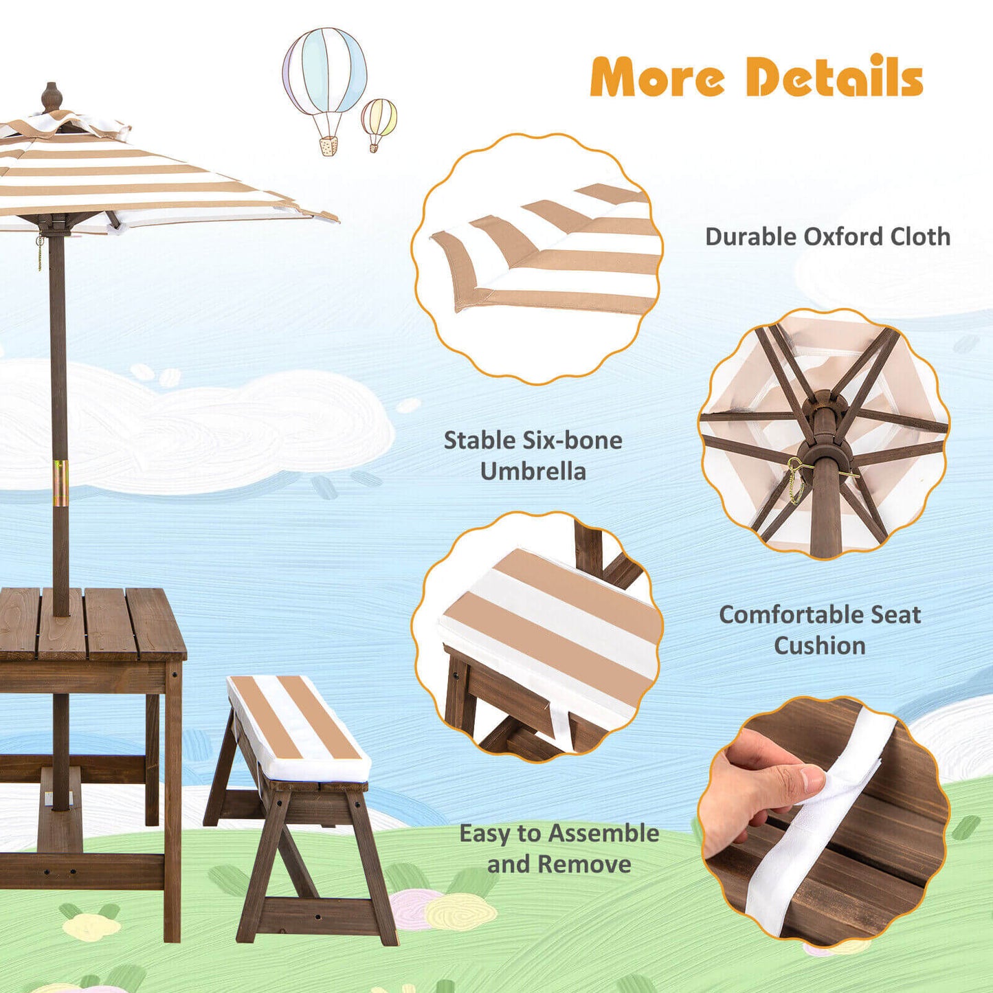 Kids Picnic Table and Bench Set with Cushions and Height Adjustable Umbrella-Brown Kids Crystal