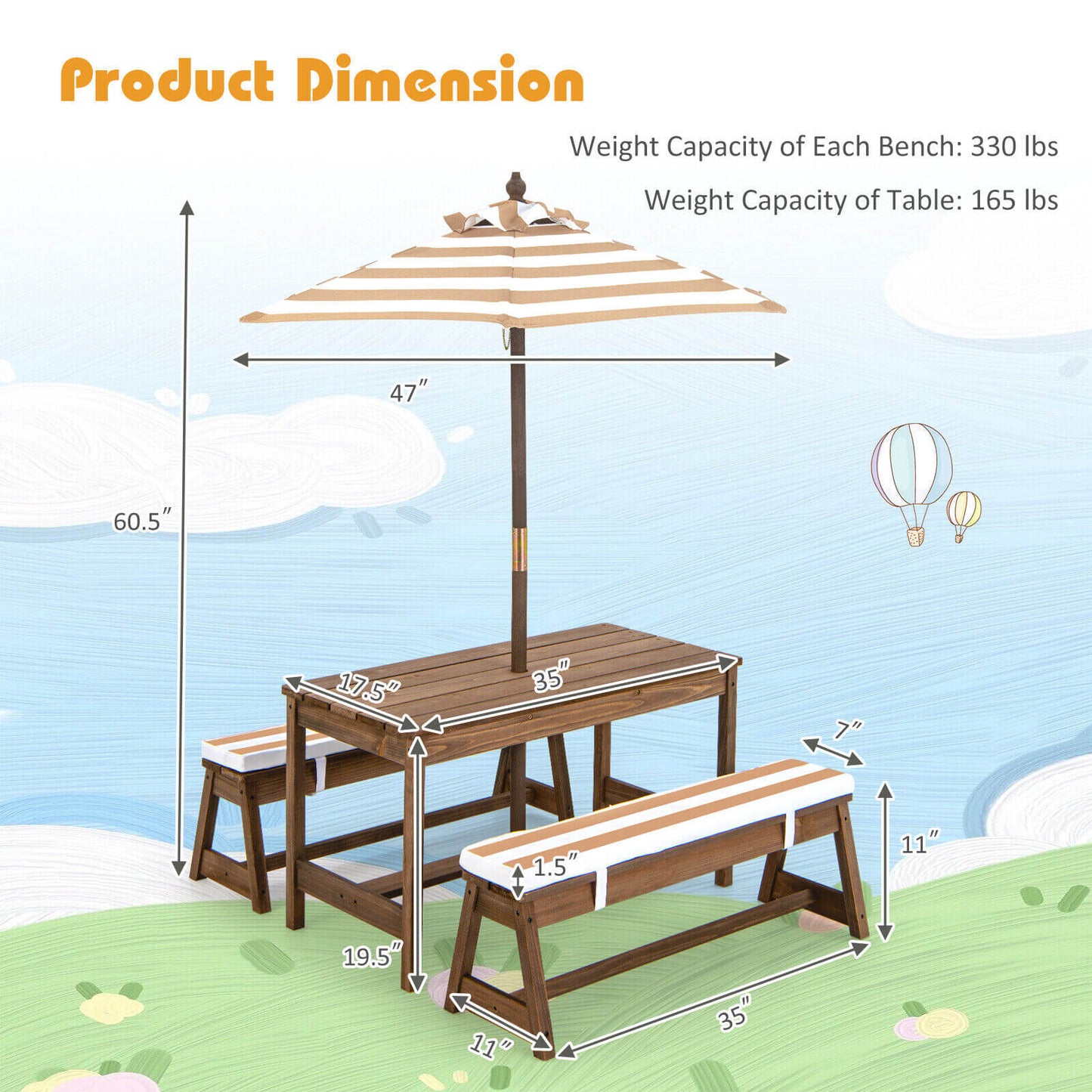 Kids Picnic Table and Bench Set with Cushions and Height Adjustable Umbrella-Brown Kids Crystal