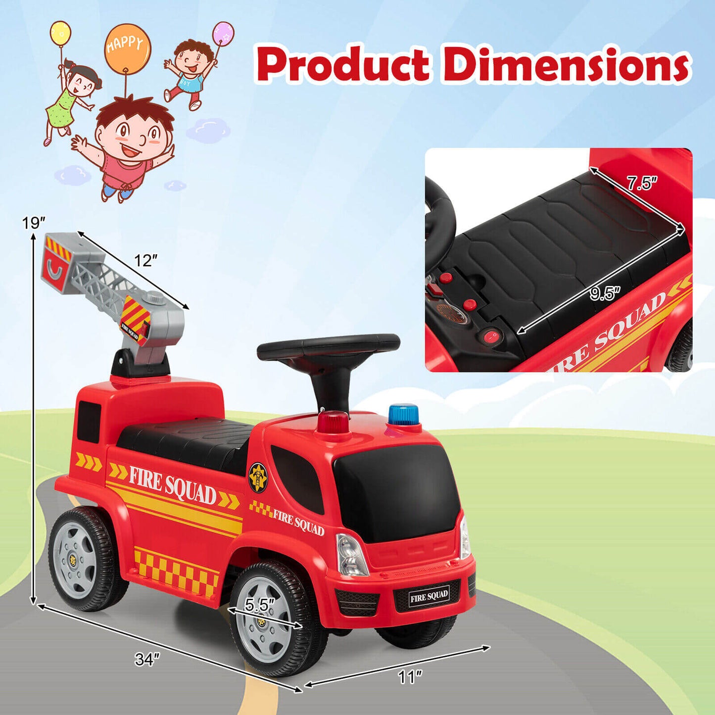Kids Push Ride On Fire Truck with Ladder Bubble Maker and Headlights-Red Kids Crystal