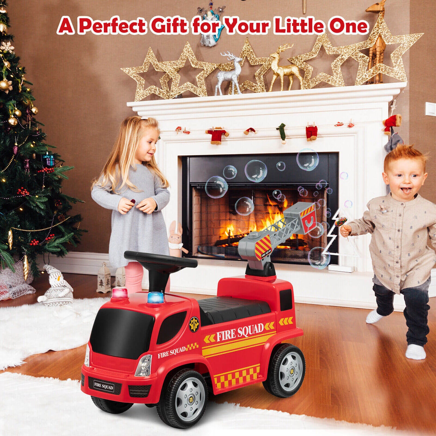 Kids Push Ride On Fire Truck with Ladder Bubble Maker and Headlights-Red Kids Crystal