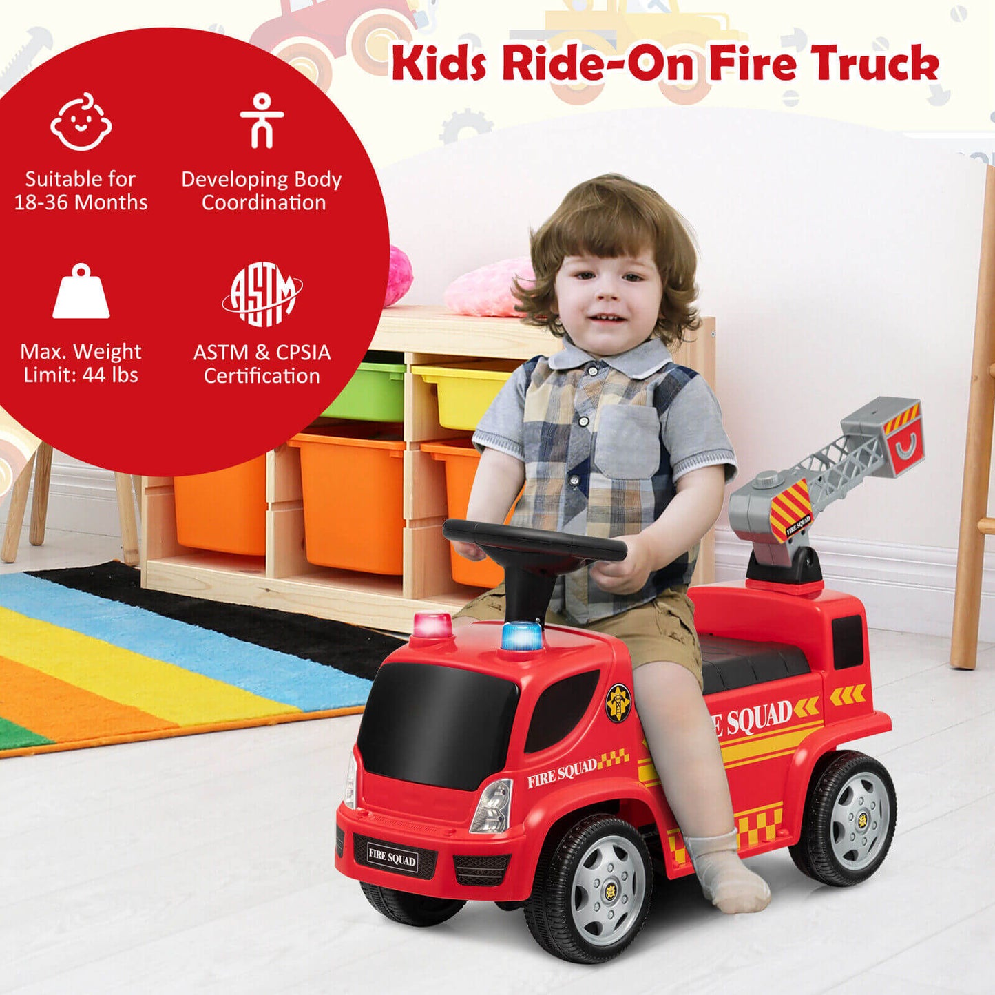 Kids Push Ride On Fire Truck with Ladder Bubble Maker and Headlights-Red Kids Crystal