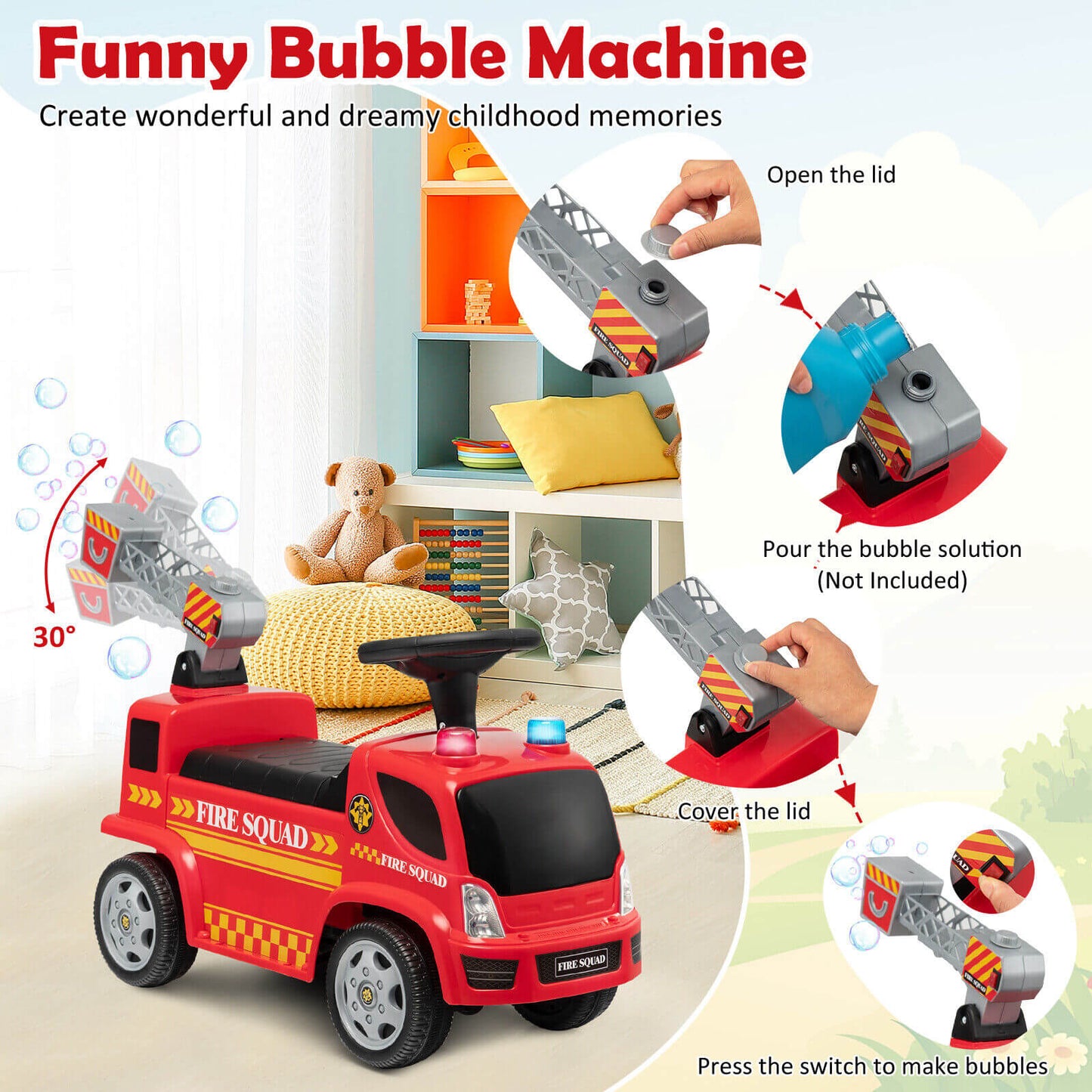 Kids Push Ride On Fire Truck with Ladder Bubble Maker and Headlights-Red Kids Crystal