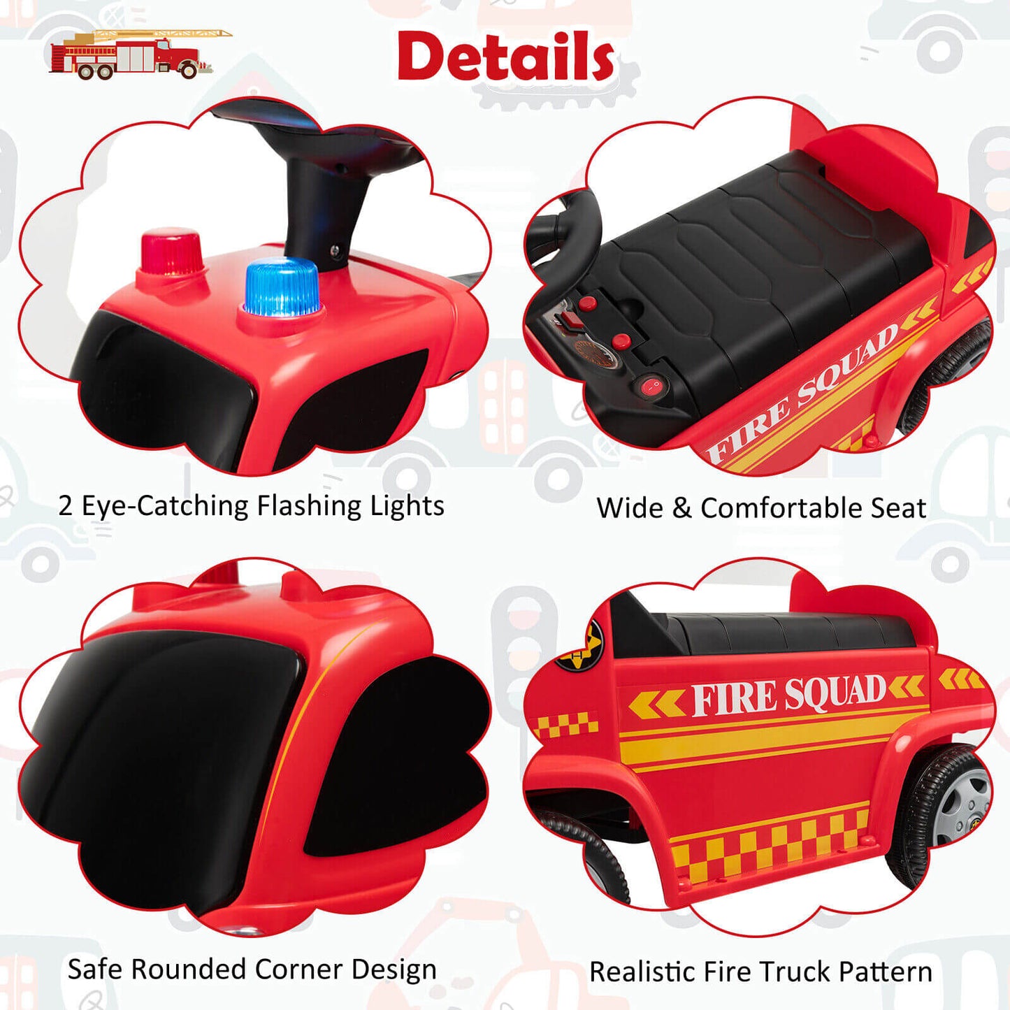Kids Push Ride On Fire Truck with Ladder Bubble Maker and Headlights-Red Kids Crystal