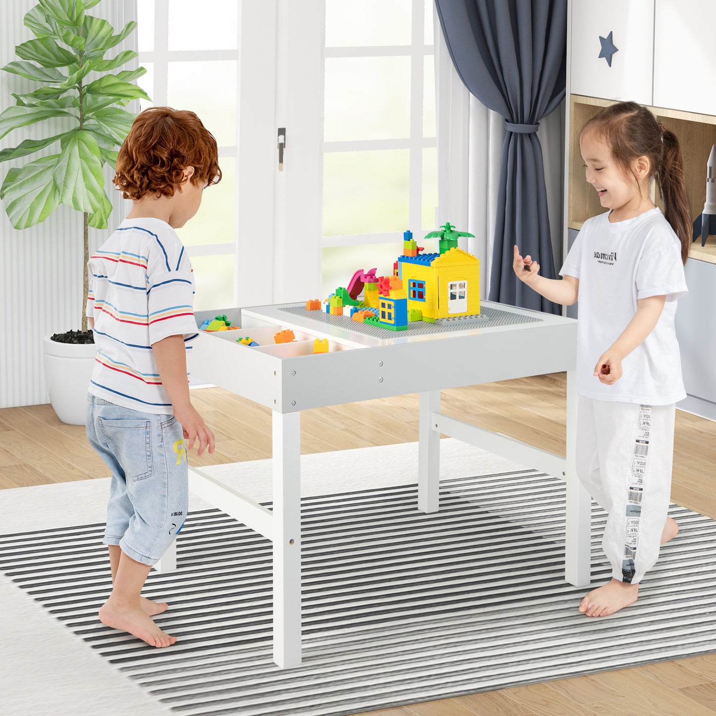3 in 1 Wooden Kids Table with Storage and Double-Sided Tabletop-White Kids Crystal