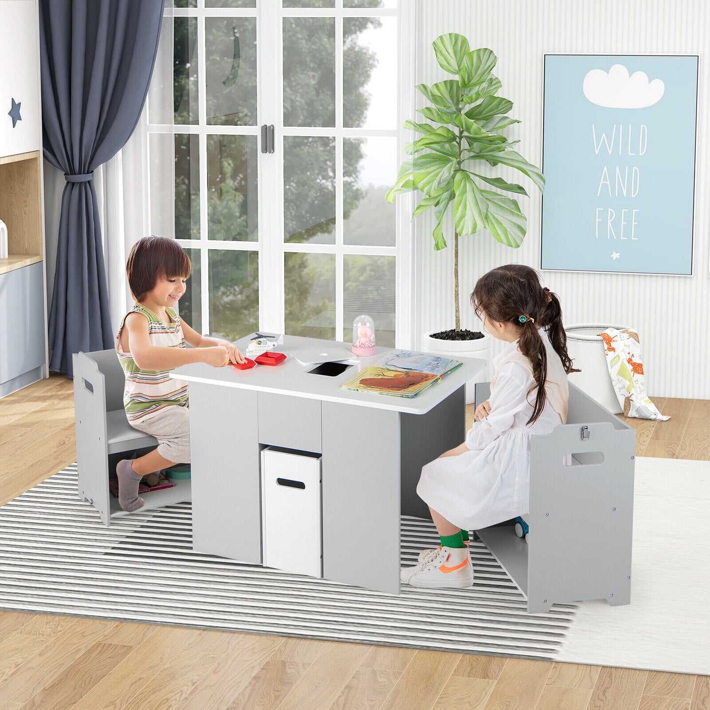 4-in-1 Kids Table and Chairs with Multiple Storage for Learning-Gray Kids Crystal
