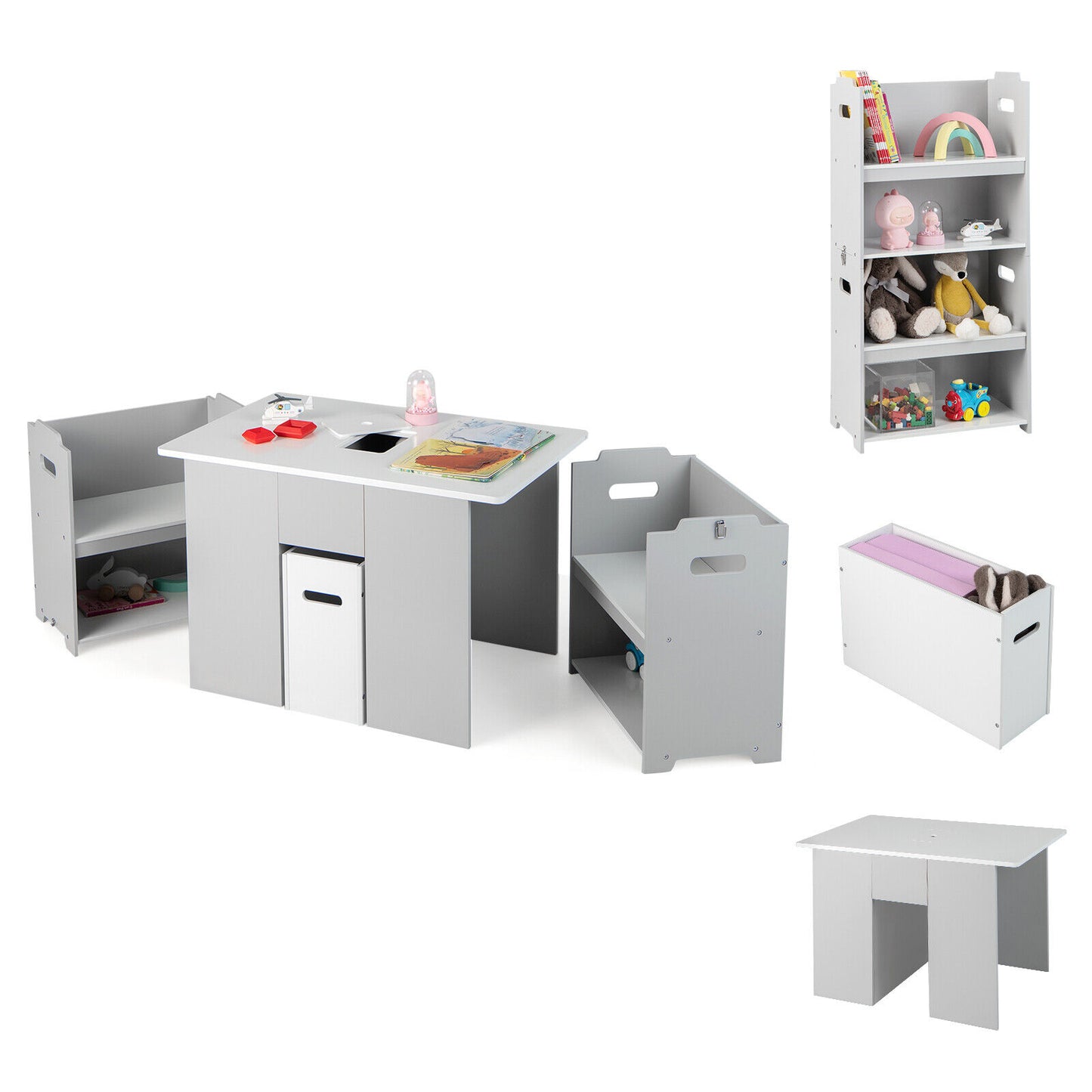 4-in-1 Kids Table and Chairs with Multiple Storage for Learning-Gray Kids Crystal